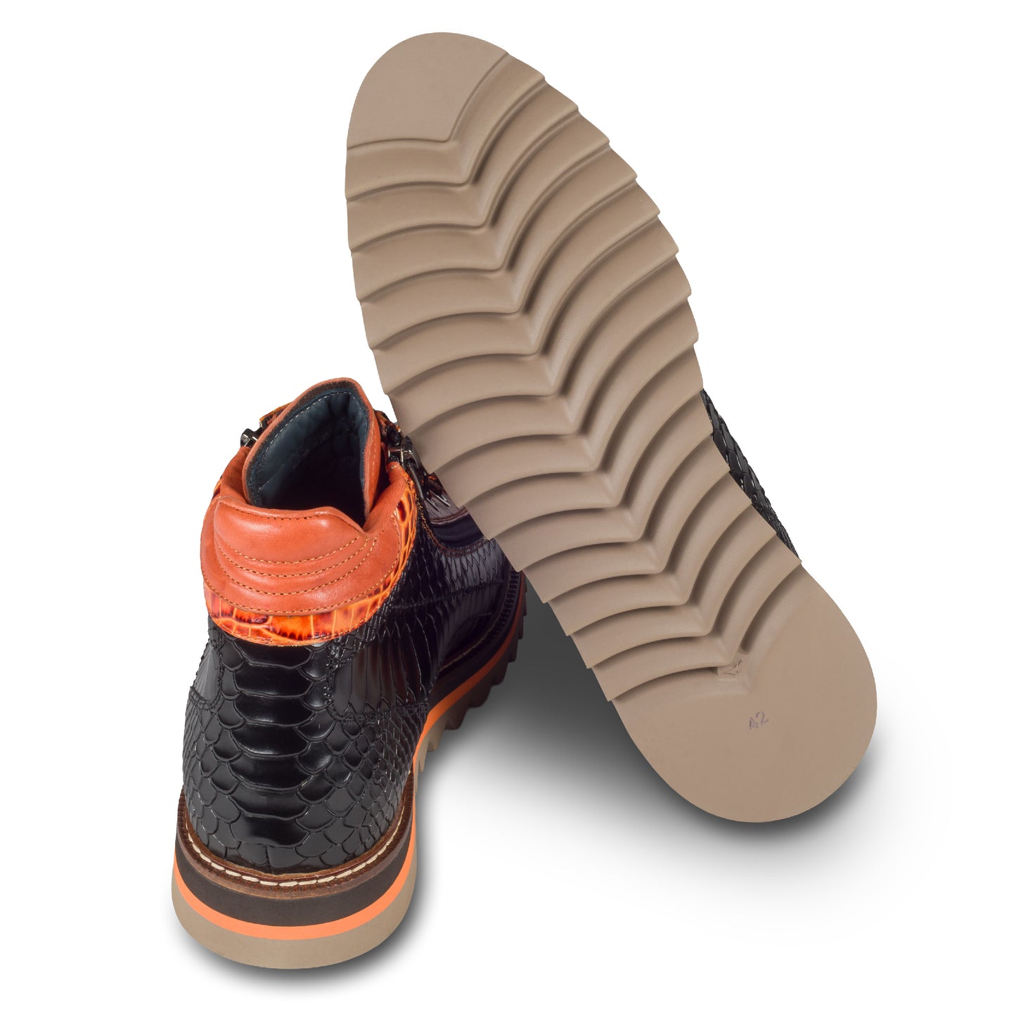 LORENZI Sneaker Stiefel Herren schwarz/orange, Kalbsleder mit Krokoprägung, Reißverschluß, handgefertigt