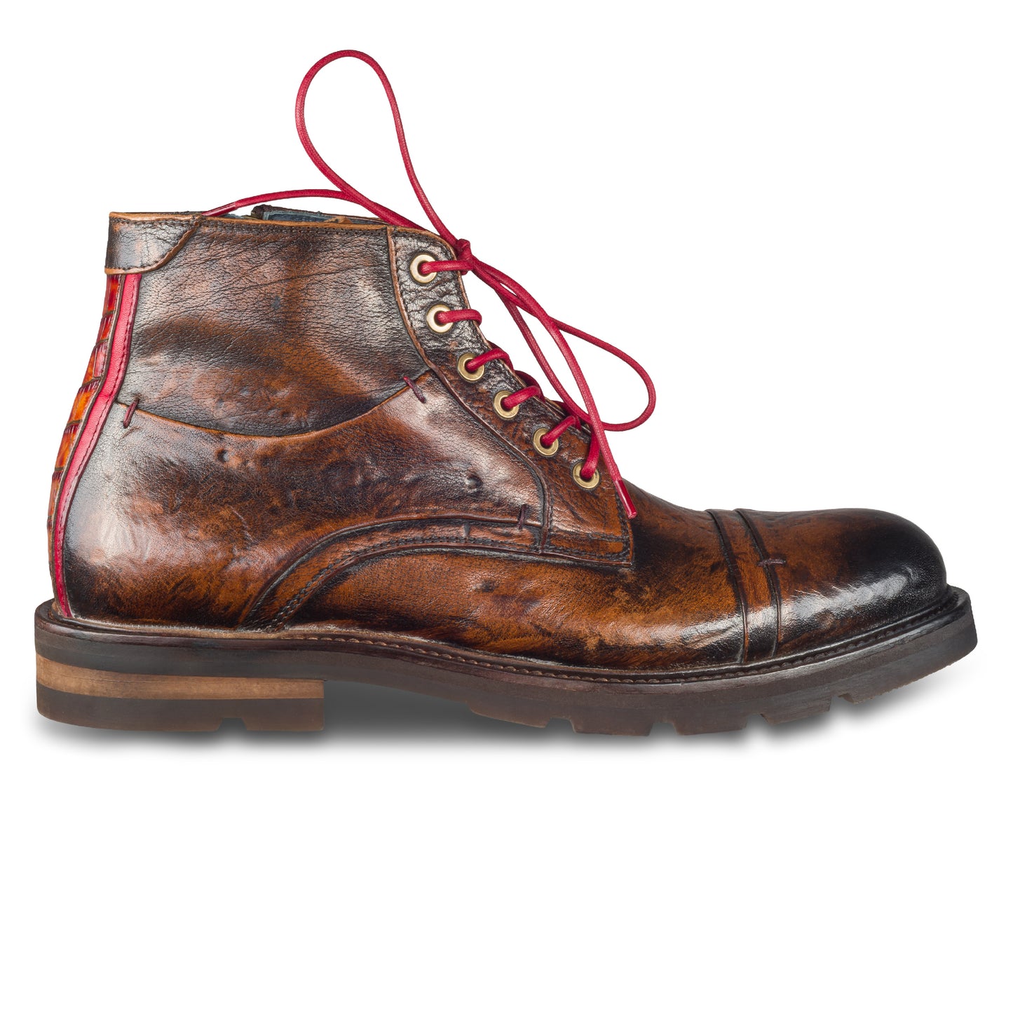 LORENZI Schnürstiefelette Herren mit Reißverschluß braun - Kalbsleder Vintage-Look, handgefertigt