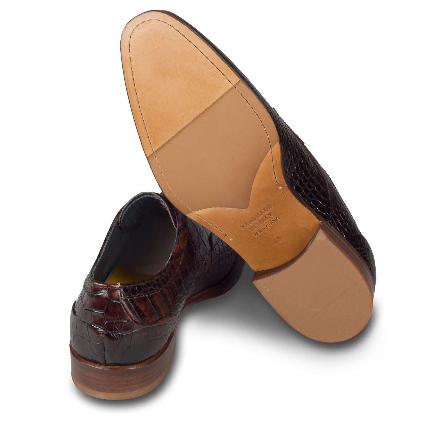 LORENZI Derby Schnürer braun - Kalbsleder in Kroko-Optik, durchgenäht - extravagant