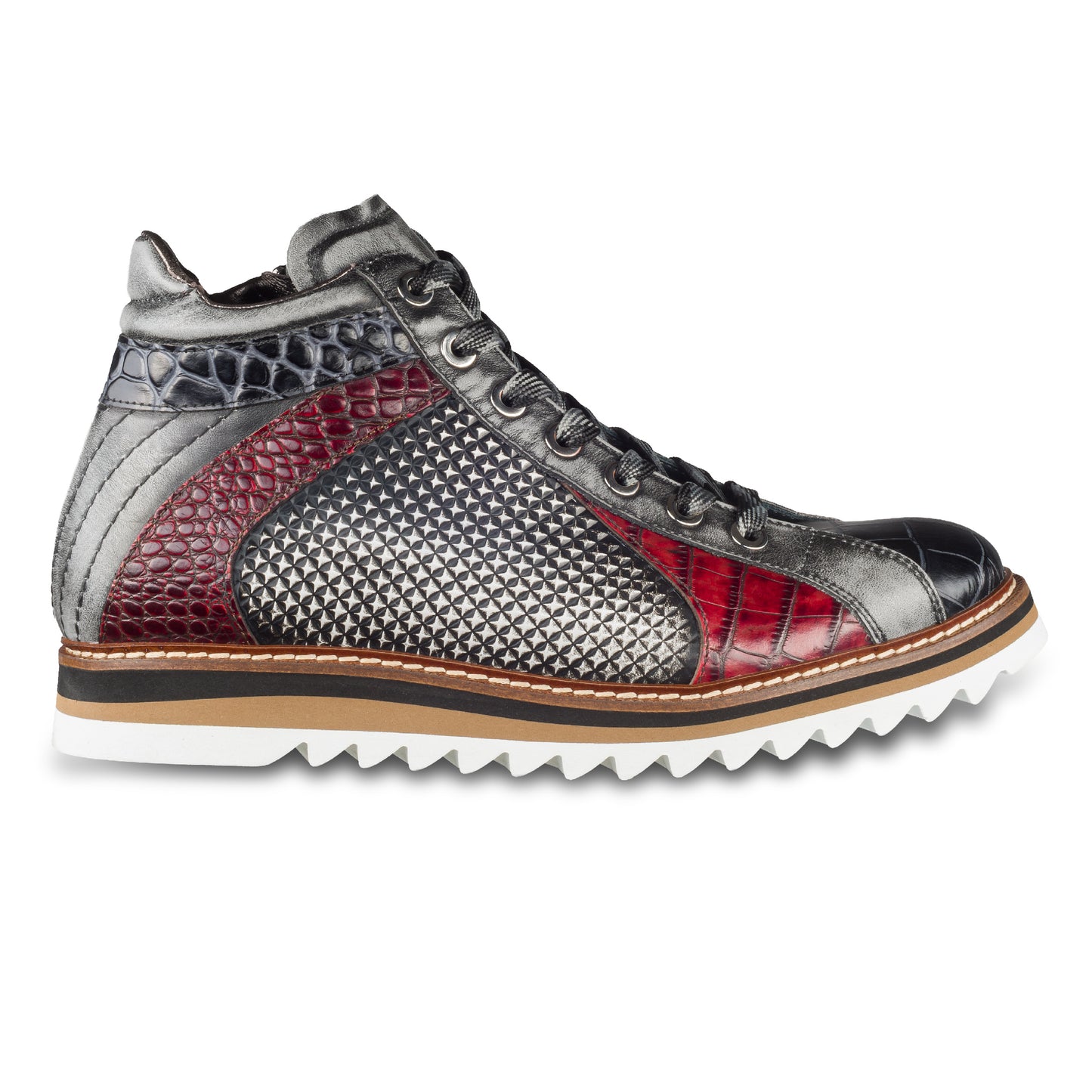 LORENZI Sneaker Stiefel Herren grau/rot/schwarz, Kalbsleder mit Krokoprägung, Reißverschluß, handgefertigt