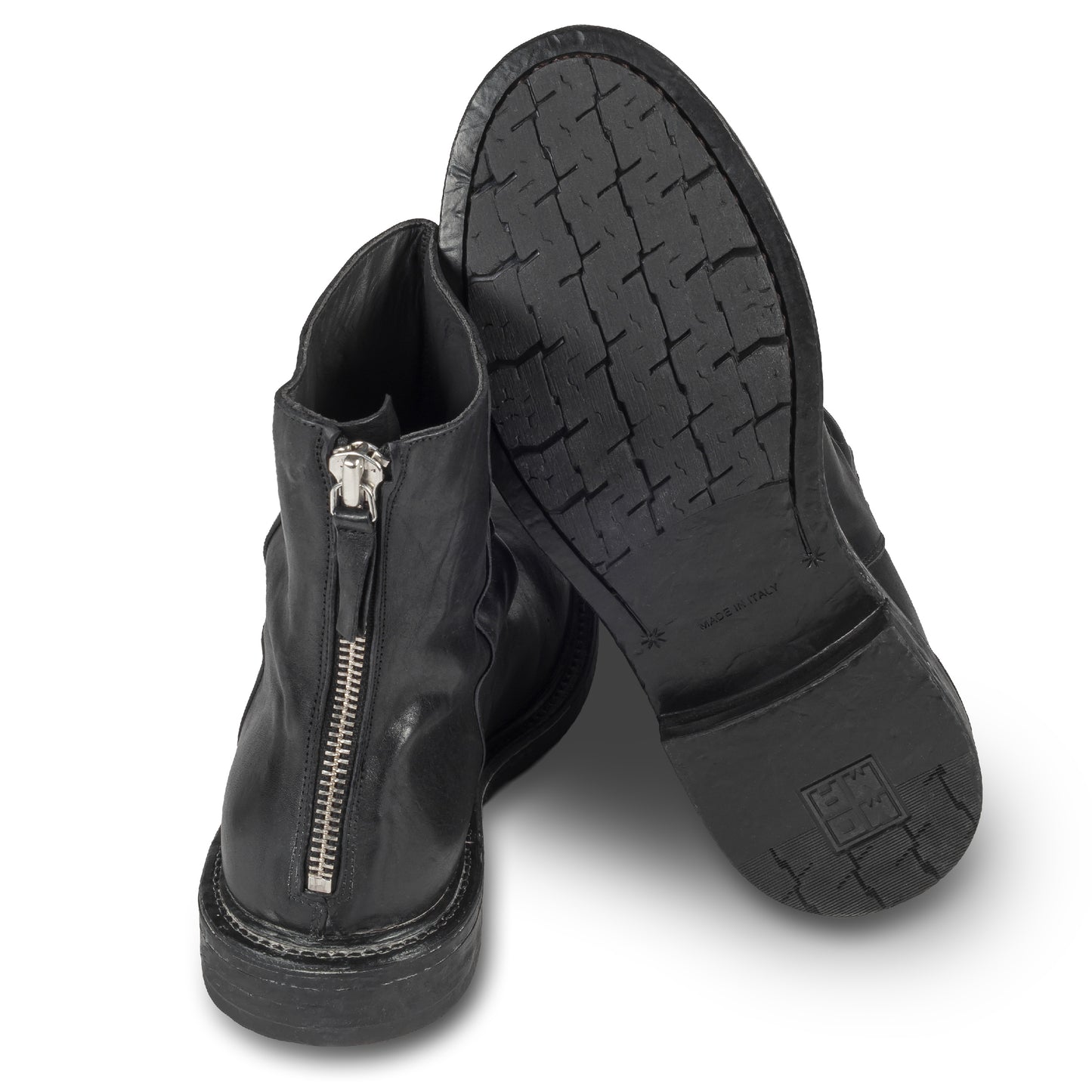 MOMA Stiefelette Herren mit Reißverschluß hinten, schwarz - Kalbsleder used-Look mit Raffung, handgefertigt