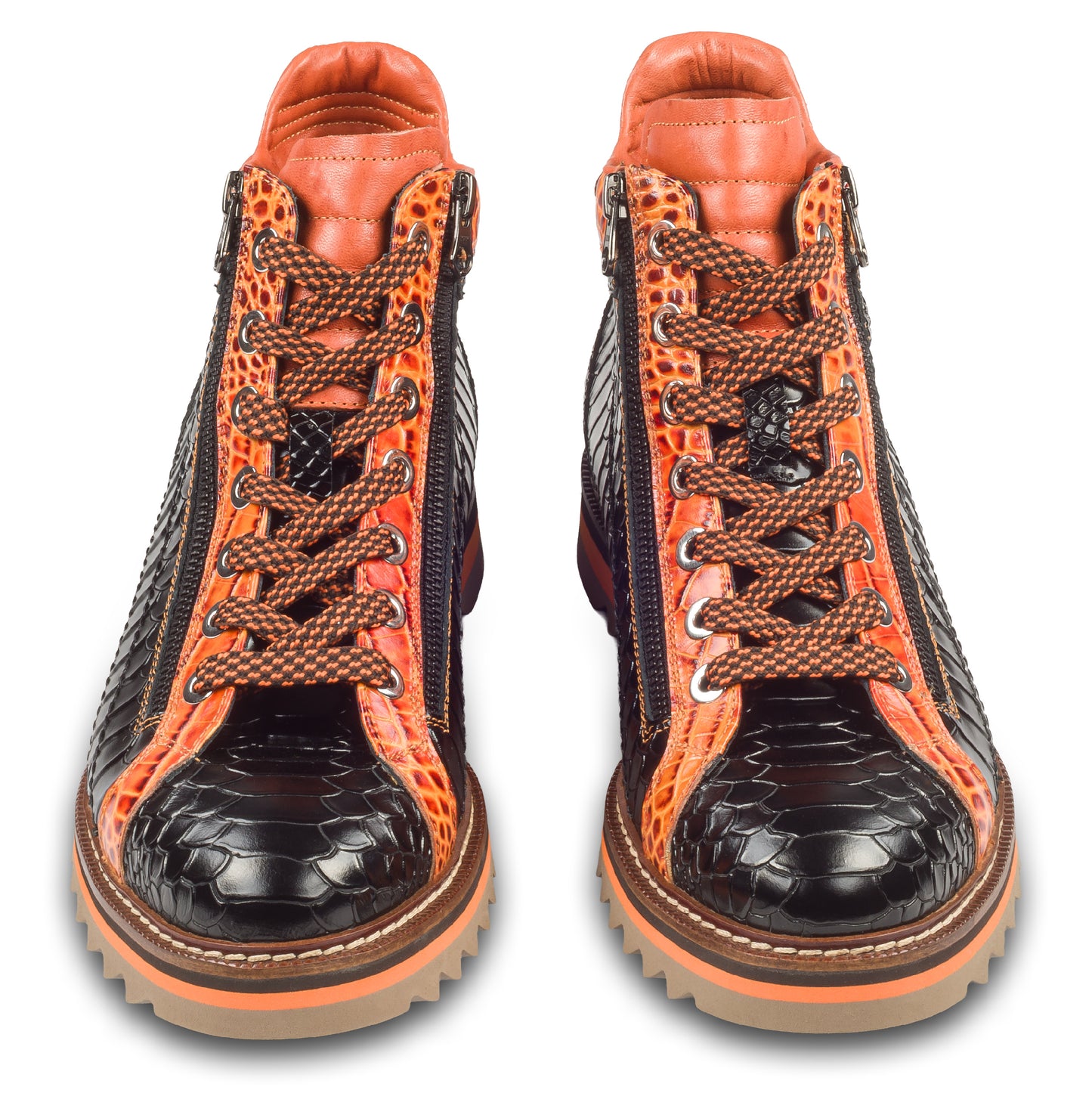 LORENZI Sneaker Stiefel Herren schwarz/orange, Kalbsleder mit Krokoprägung, Reißverschluß, handgefertigt