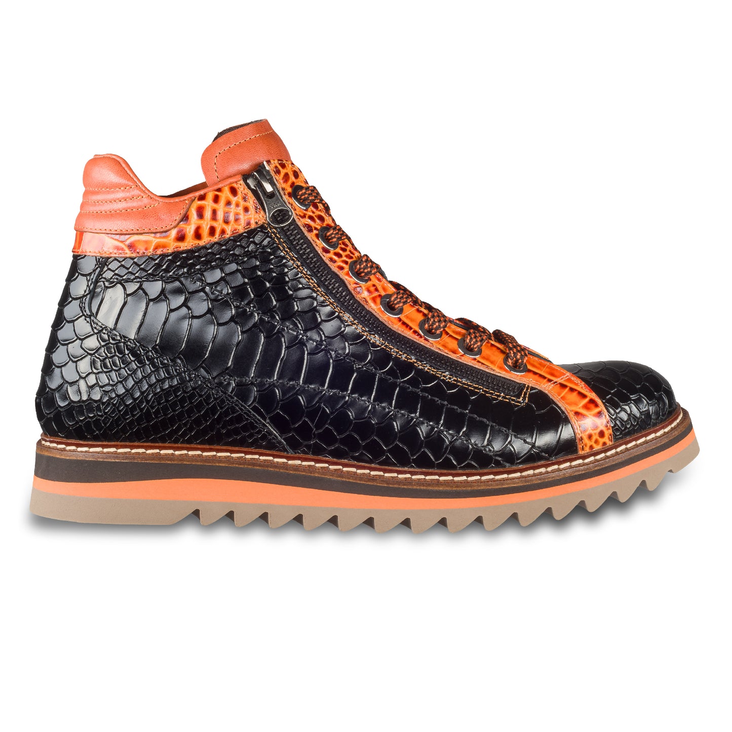 LORENZI Sneaker Stiefel Herren schwarz/orange, Kalbsleder mit Krokoprägung, Reißverschluß, handgefertigt