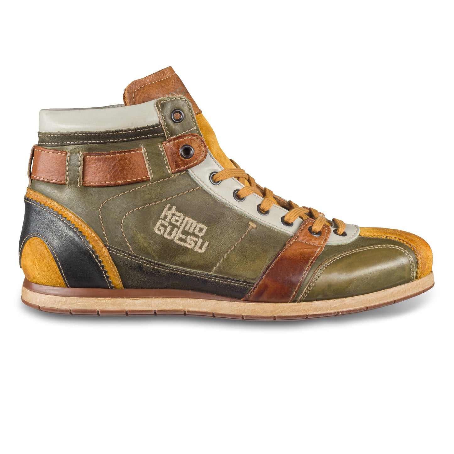 KAMO-GUTSU Retro Sneaker Stiefel Herren grün/gelb - Leder stone-washed (TIFO-112 ocra + foresta)