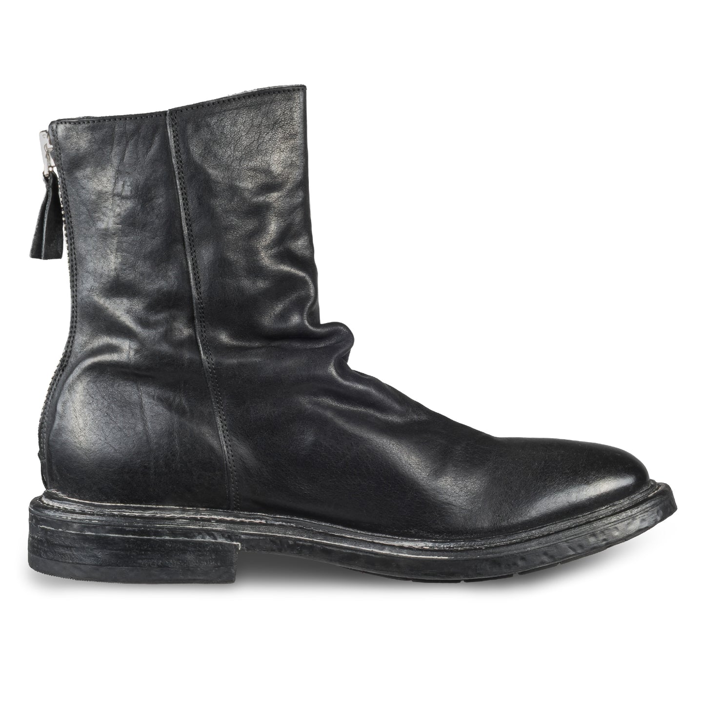 MOMA Stiefelette Herren mit Reißverschluß hinten, schwarz - Kalbsleder used-Look mit Raffung, handgefertigt