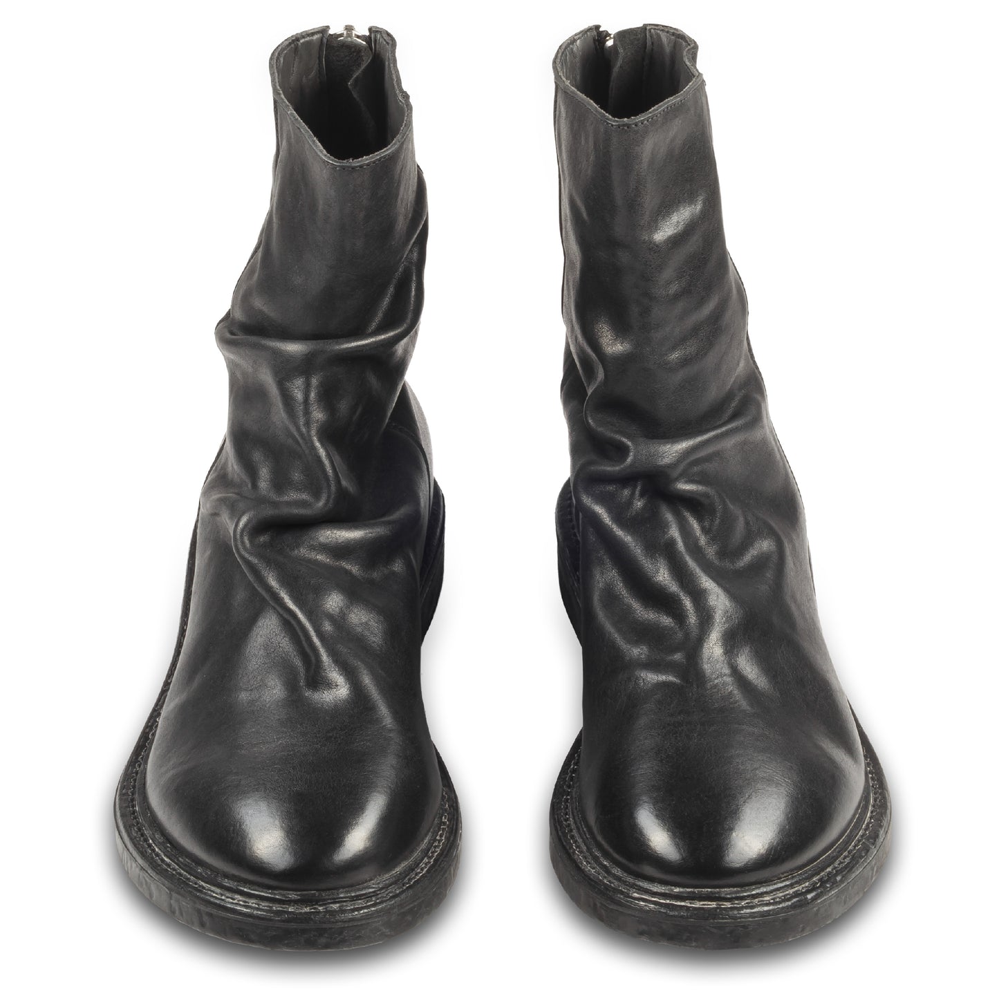 MOMA Stiefelette Herren mit Reißverschluß hinten, schwarz - Kalbsleder used-Look mit Raffung, handgefertigt