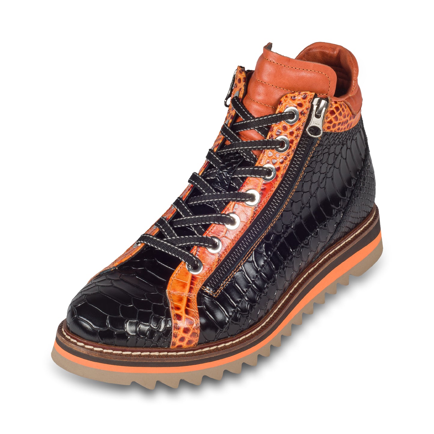 LORENZI Sneaker Stiefel Herren schwarz/orange, Kalbsleder mit Krokoprägung, Reißverschluß, handgefertigt