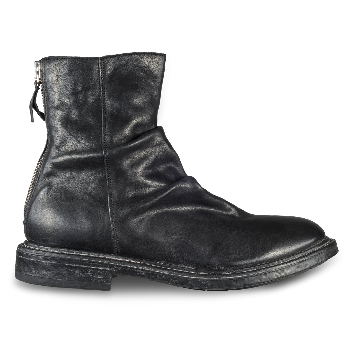 MOMA Stiefelette Herren mit Reißverschluß hinten, schwarz - Kalbsleder used-Look mit Raffung, handgefertigt