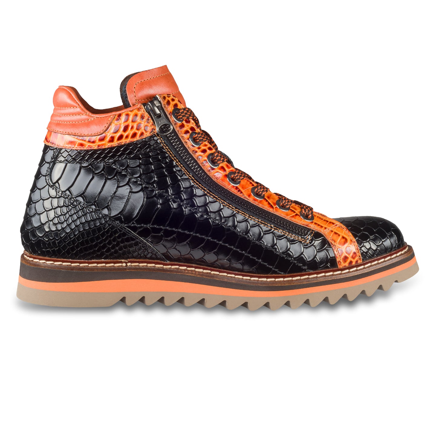 LORENZI Sneaker Stiefel Herren schwarz/orange, Kalbsleder mit Krokoprägung, Reißverschluß, handgefertigt
