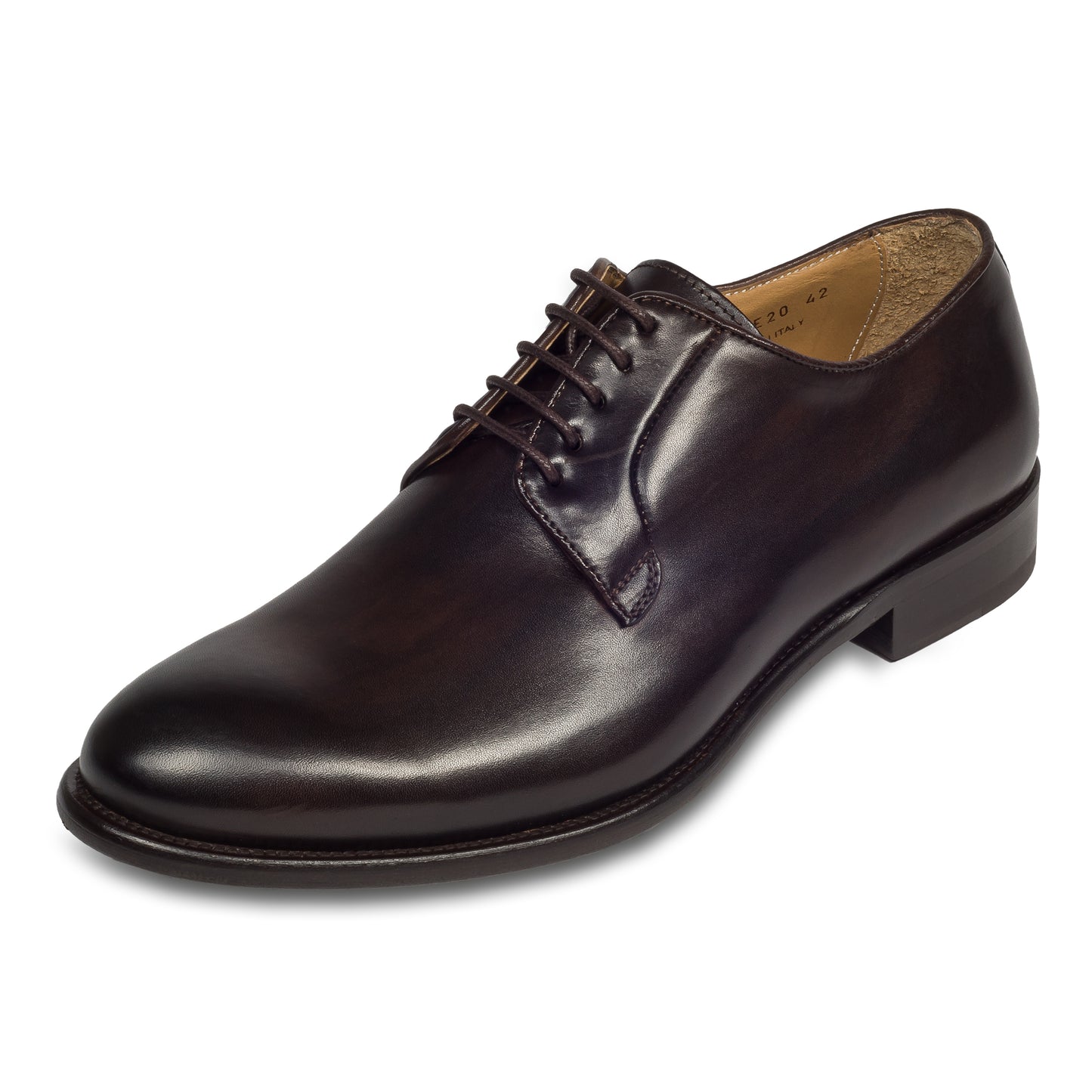 BRECOS Anzugschuhe | Plain Derby Schnürer dunkelbraun, Kalbsleder. Ansicht linker Schuh Außenseite