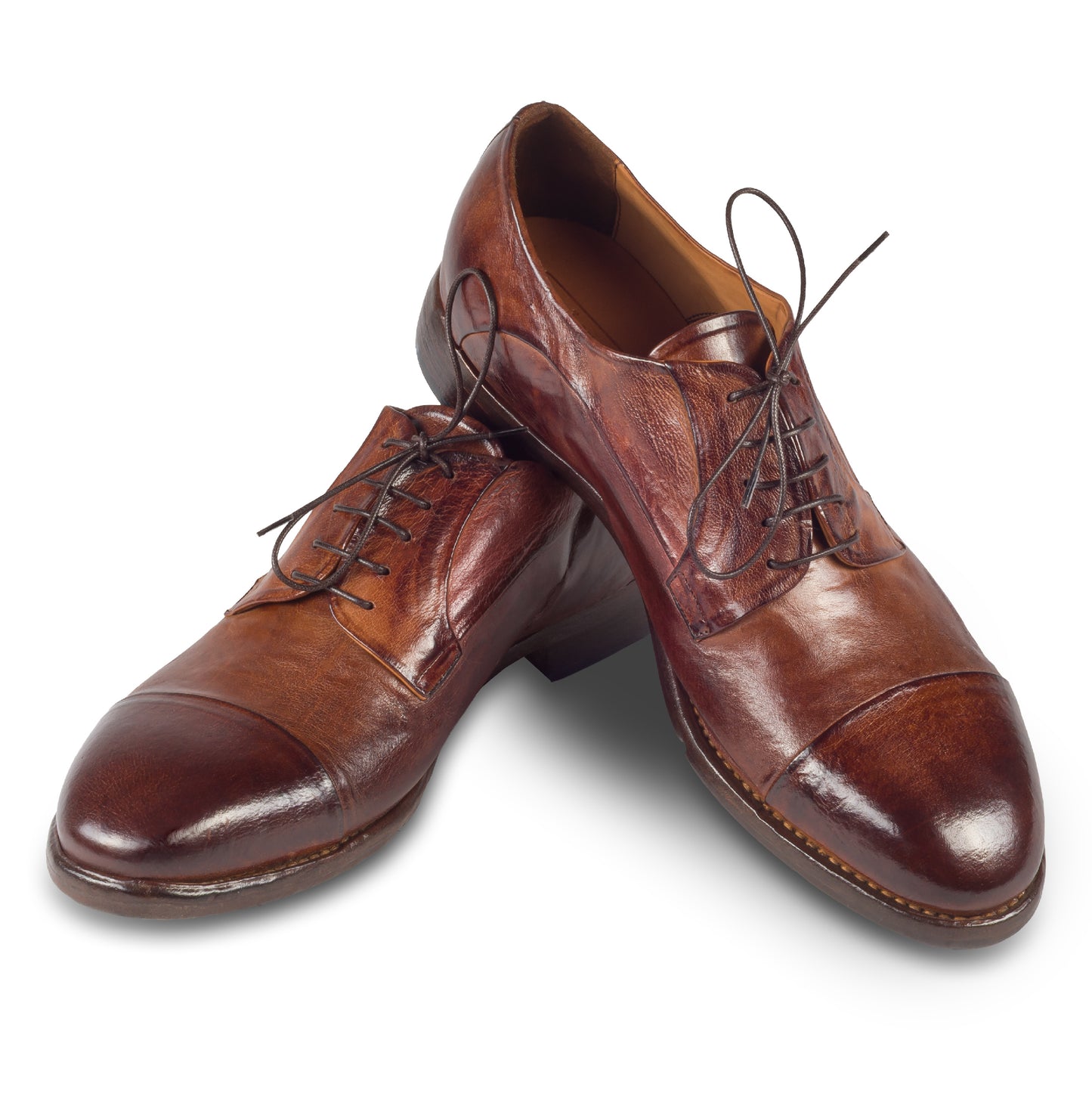 LEMARGO | Edle Leder Schnür-Halbschuhe im Vintage-Look, Captoe cognak braun, handgenäht