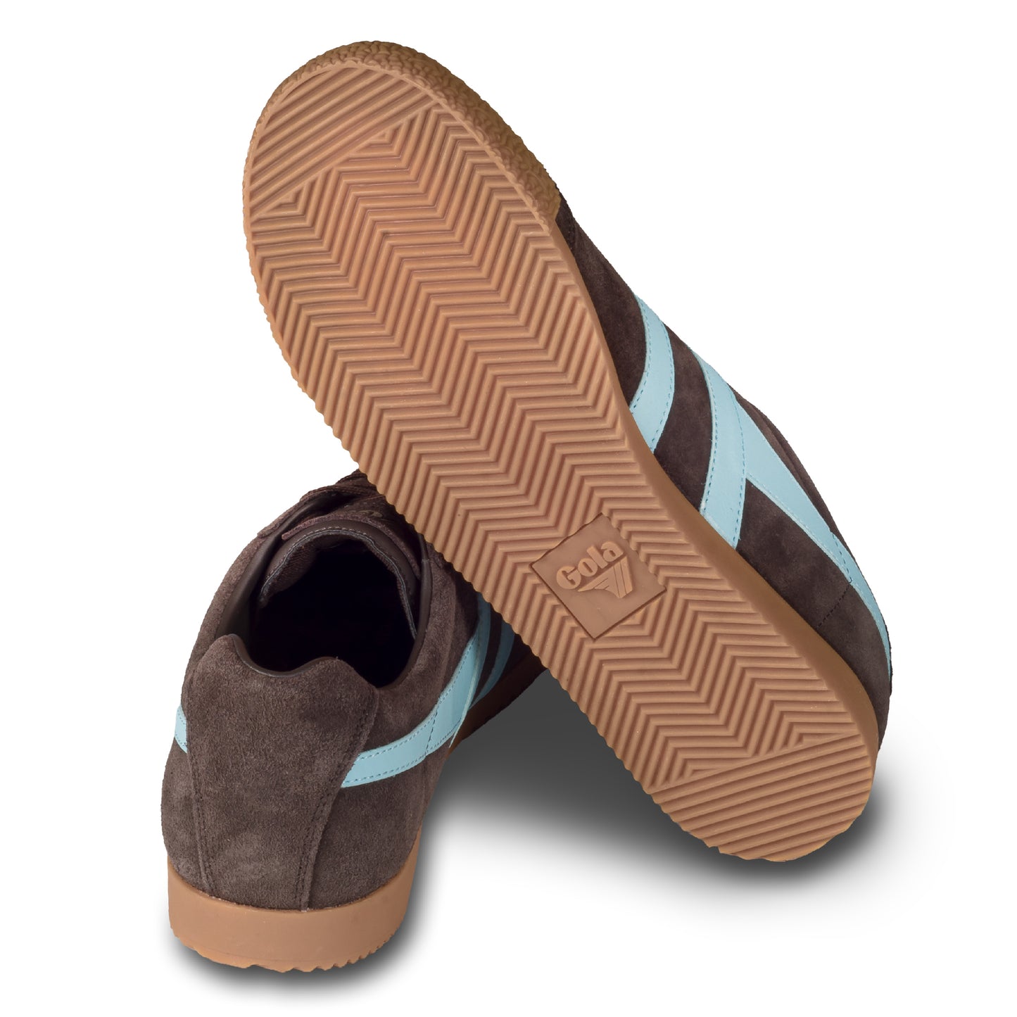 GOLA Herren Sneaker Harrier Suede, braun/blau. Modell CMA192 Dark-Brown-Pale-Blue. Ansicht der Ferse und Sohlenunterseite.
