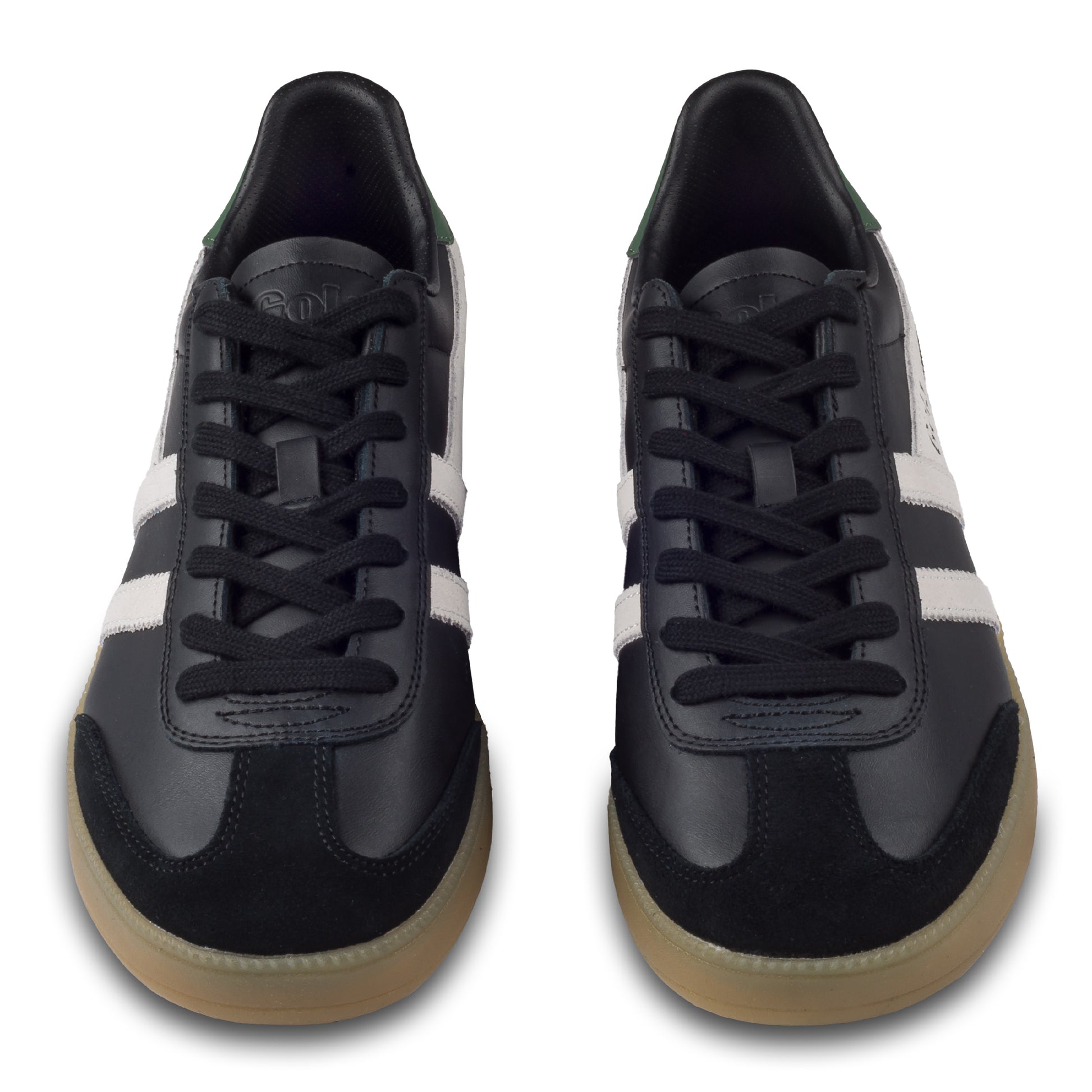 GOLA Herren Sneaker Viper Leather, schwarz/weiß/grün. Modell CMB744 Black/Off White/Evergreen/Gum. Paarweise Ansicht von vorne.