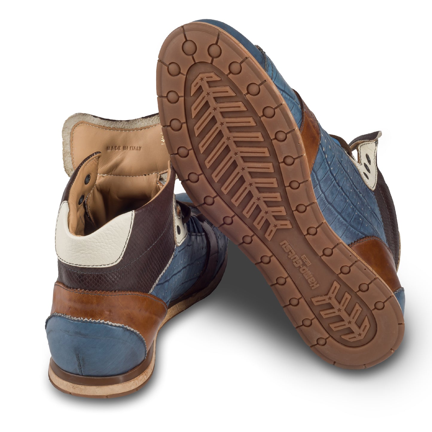 KAMO-GUTSU Italienische Leder Sneaker Stiefel, jeans blau, Retro-Optik, High-Top (TIFO-108 jeans mamba TDM). Handgefertigt in Italien. Ansicht der Ferse und Sohlenunterseite.