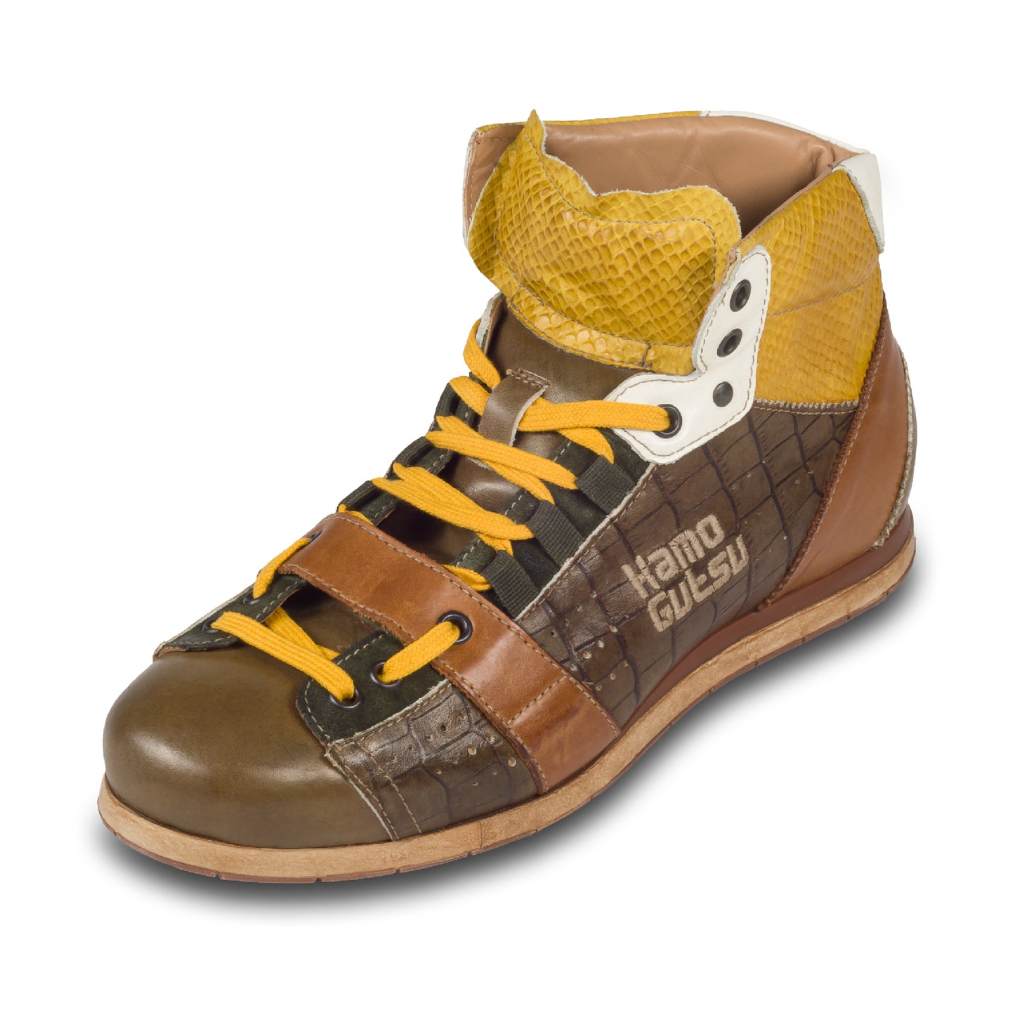 KAMO-GUTSU Herren Leder Sneaker Stiefel in grün / gelb. Modell TIFO-105 foresta pitone lemon. Handgefertigt in Italien. Schräge Ansicht