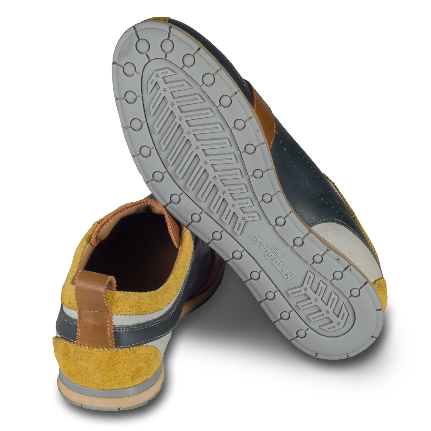 Kamo-Gutsu Sneaker Herren in Blau mit Gelb (TIFO-017 giallo/navy). Aus Kalbsleder stonewashed. Handgefertigt Made in Italy. Ansicht der Ferse und Sohlenunterseite.
