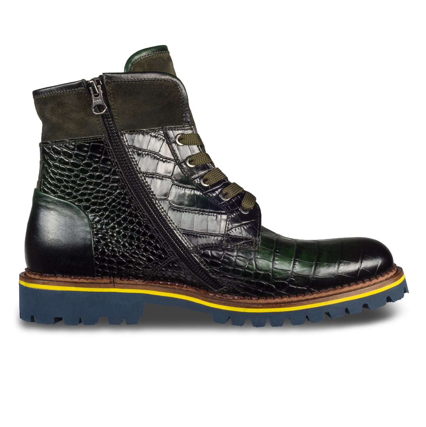 Lorenzi - Herren Kalbsleder Schnürboots grün Reptil Prägung, mit Reißverschluß und Lammfell, durchgenäht. Ansicht der Innenseite linker Schuh.