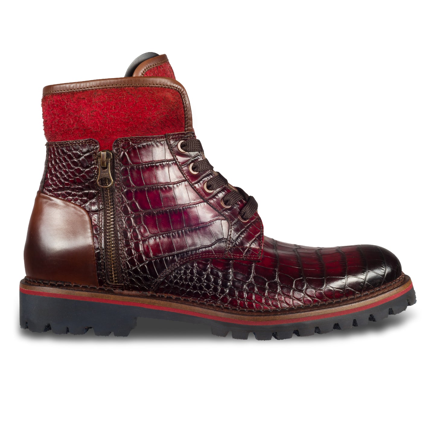 Lorenzi - Herren Kalbsleder Schnürboots rot Reptil Prägung, mit Reißverschluß und Lammfell, durchgenäht. Ansicht der Außenseite rechter Schuh.