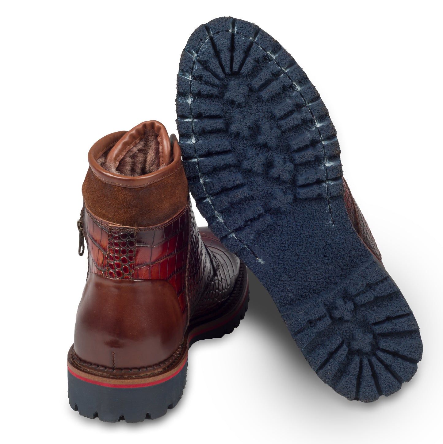 Lorenzi - Herren Kalblseder Schnürboots rot braun Reptil Prägung, mit Reißverschluß und Lammfell, durchgenäht. Ansicht der Ferse und Sohlenunterseite.