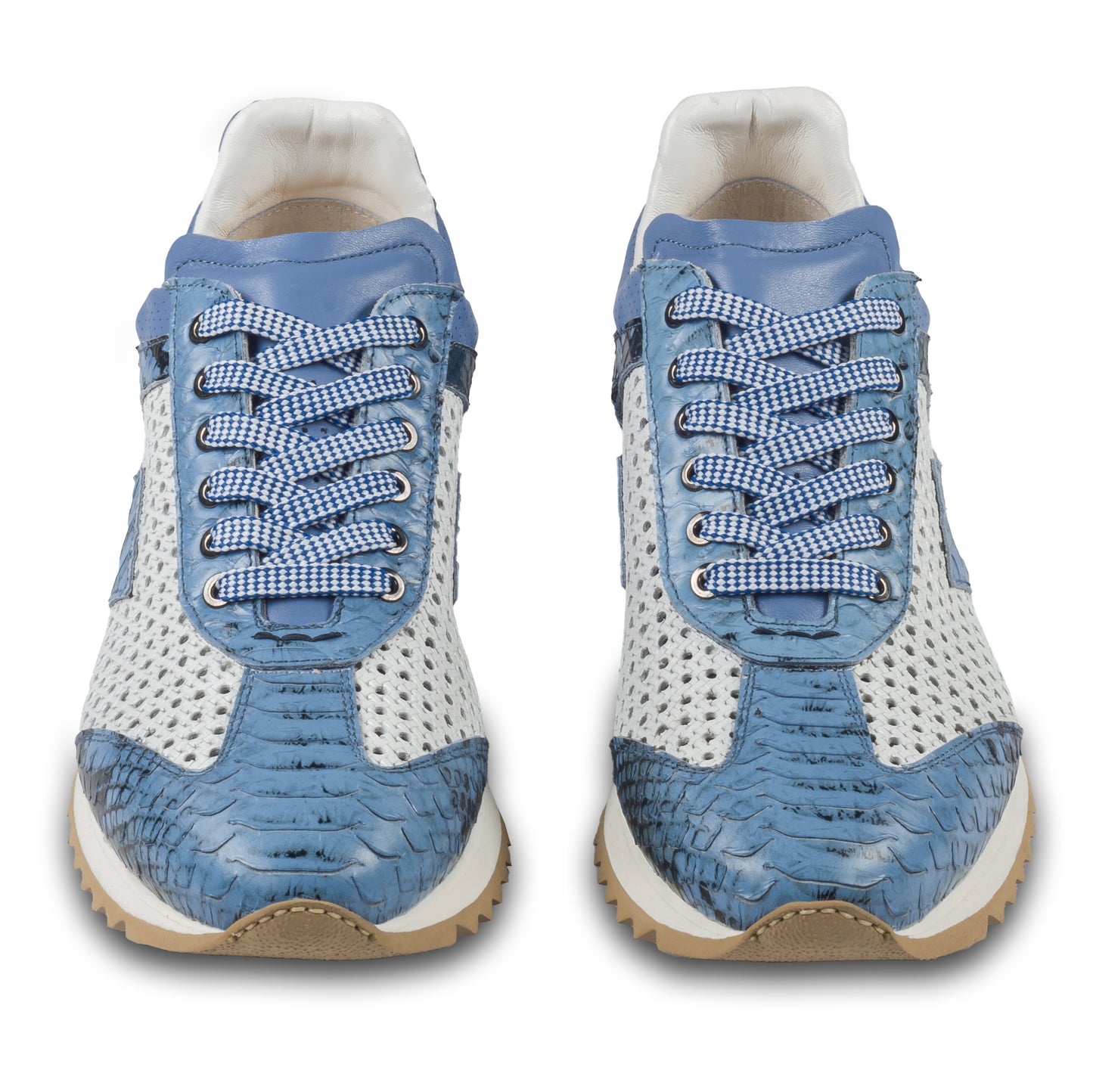 Lorenzi Herren Leder Sneaker in blau / weiß mit Schlangen-Prägung und perforiertem Kalbsleder. Handgefertigt in Italien. Paarweise Ansicht von vorne.