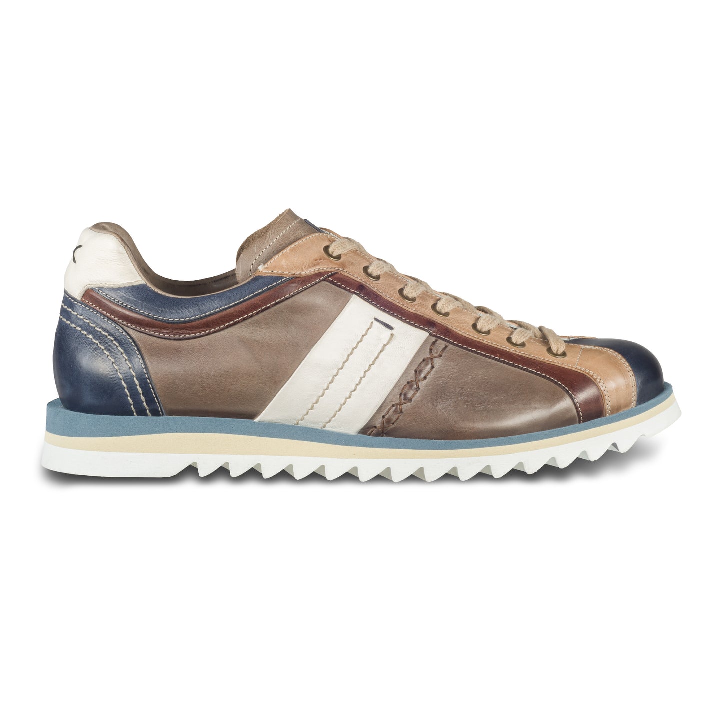 Lorenzi Herren Sneaker aus Kalbsleder in braun und blau mit weiß. Handgefertigt und Durchgenäht. Ansicht der Außenseite rechter Schuh.