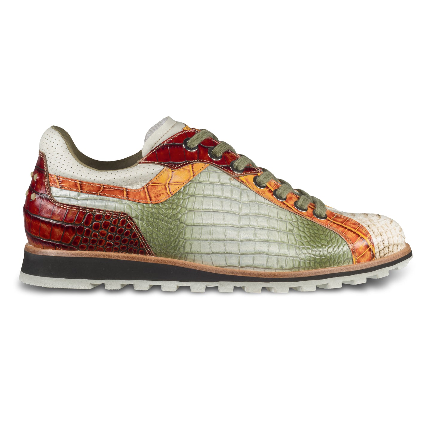 LORENZI Italienische Herren Leder-Sneaker in grün/creme/braun mit Reptil-Prägung und Schlangen-Prägung. Handgefertigt. Ansicht der Außenseite rechter Schuh.