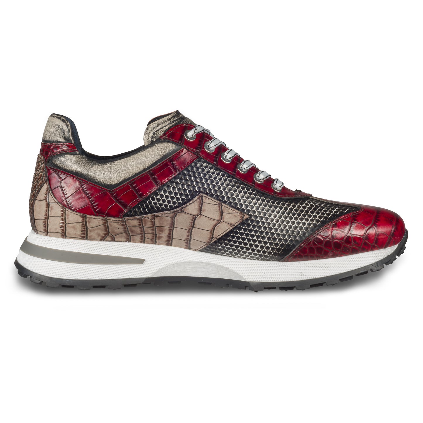 Lorenzi - Herren Leder Sneaker rot mit grau und beige, mit einer raffinierten Prägung und Kroko-Optik. Handgefertigt in Italien. Ansicht der Außenseite rechter Schuh.