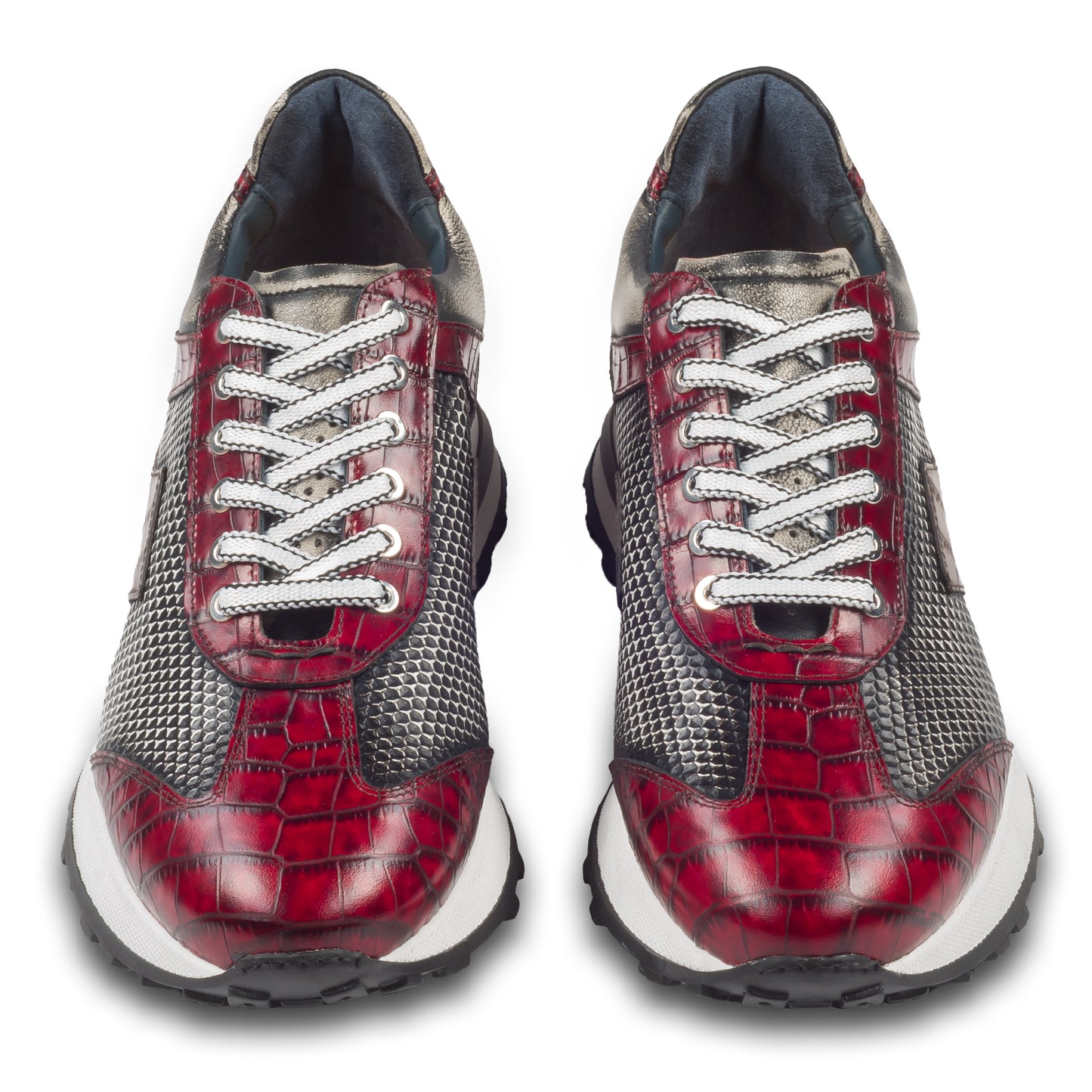 Lorenzi - Herren Leder Sneaker rot mit grau und beige, mit einer raffinierten Prägung und Kroko-Optik. Handgefertigt in Italien. Paarweise Ansicht von vorne.