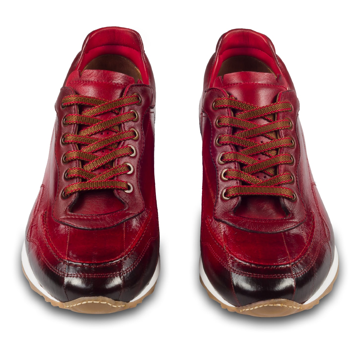 Lorenzi Herren Sneaker aus rotem Aal-Leder (Fischleder). Handgefertigt in Italien. Paarweise Ansicht von vorne.