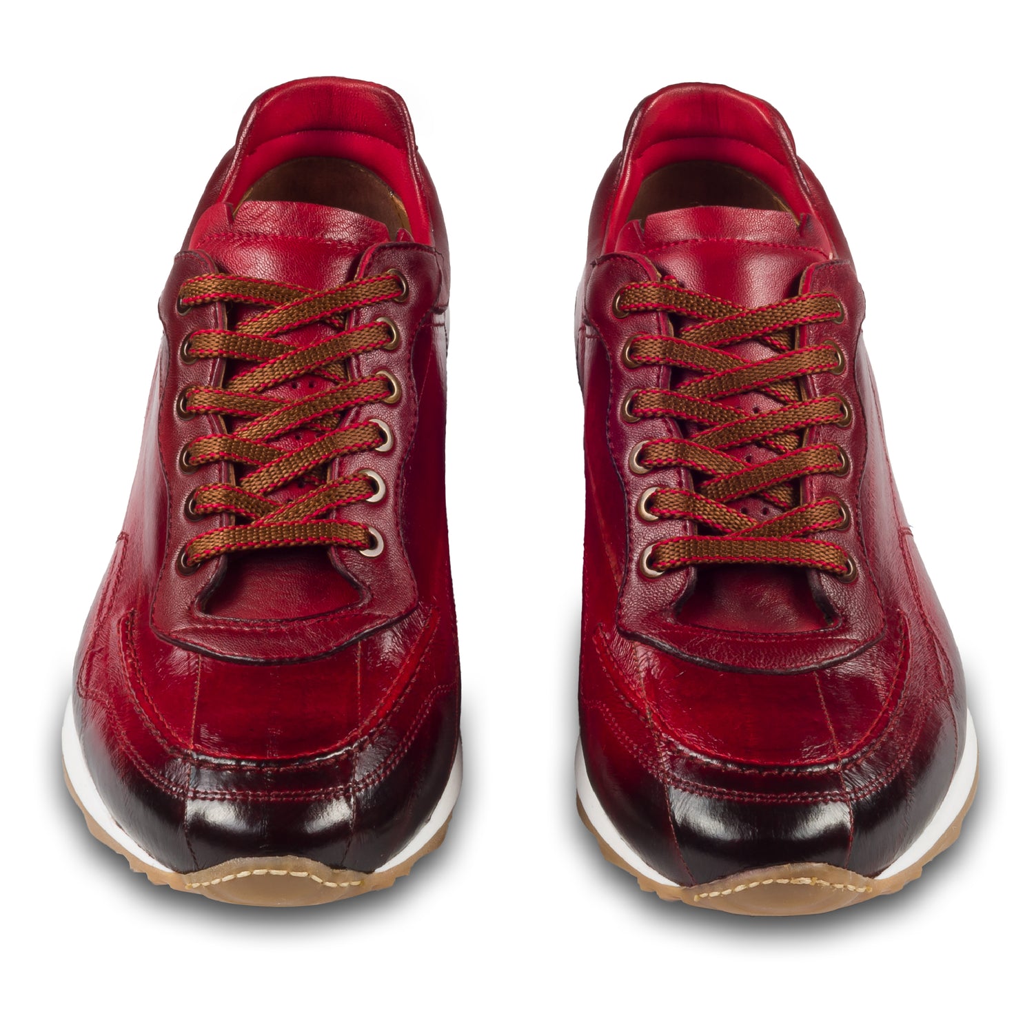 Lorenzi Herren Sneaker aus rotem Aal-Leder (Fischleder). Handgefertigt in Italien. Paarweise Ansicht von vorne. 