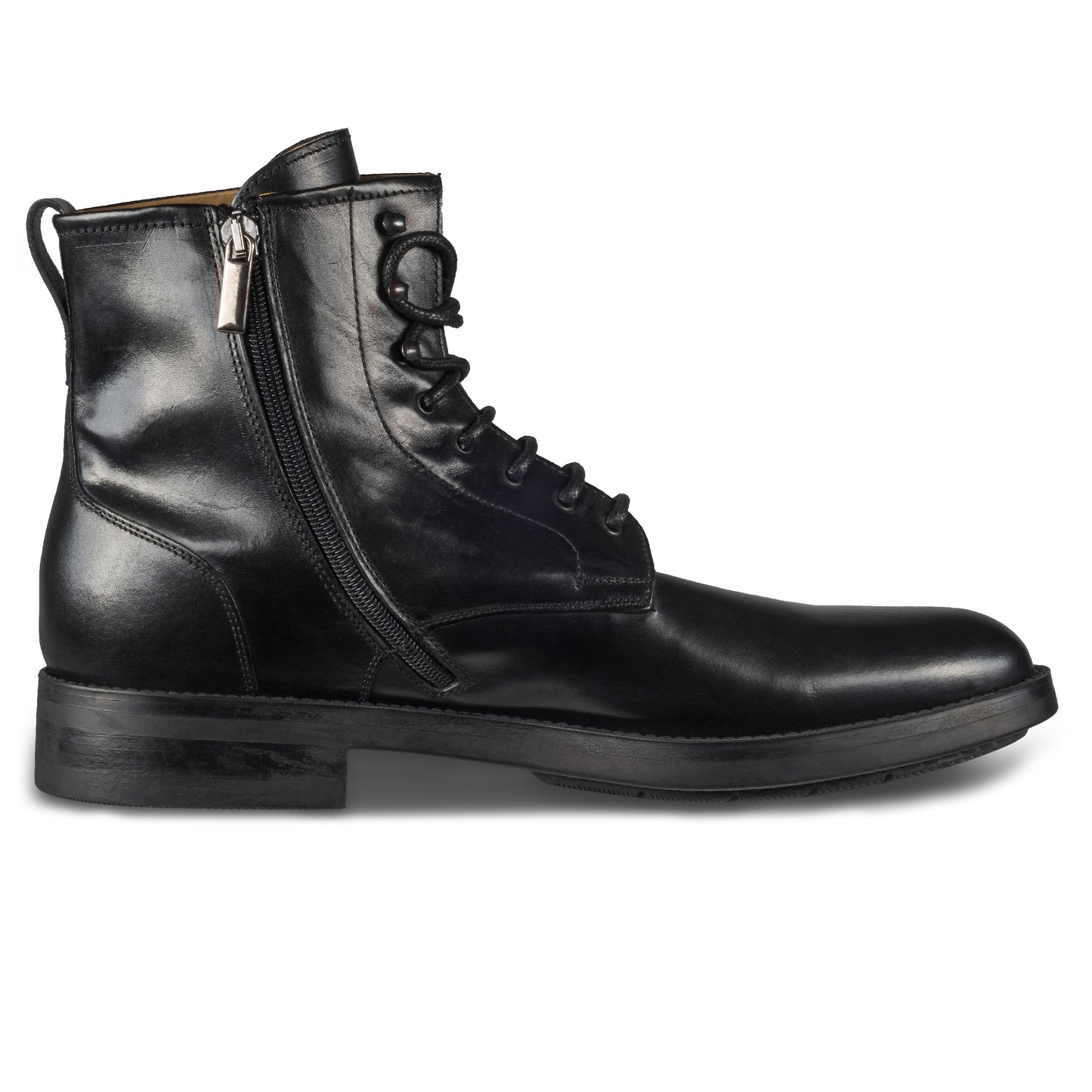 BRECOS Italienische Herren Schnür-Stiefelette mit Reißverschluß, schwarz, Kalbsleder, handgefertigt. Ansicht Innenseite linker Schuh