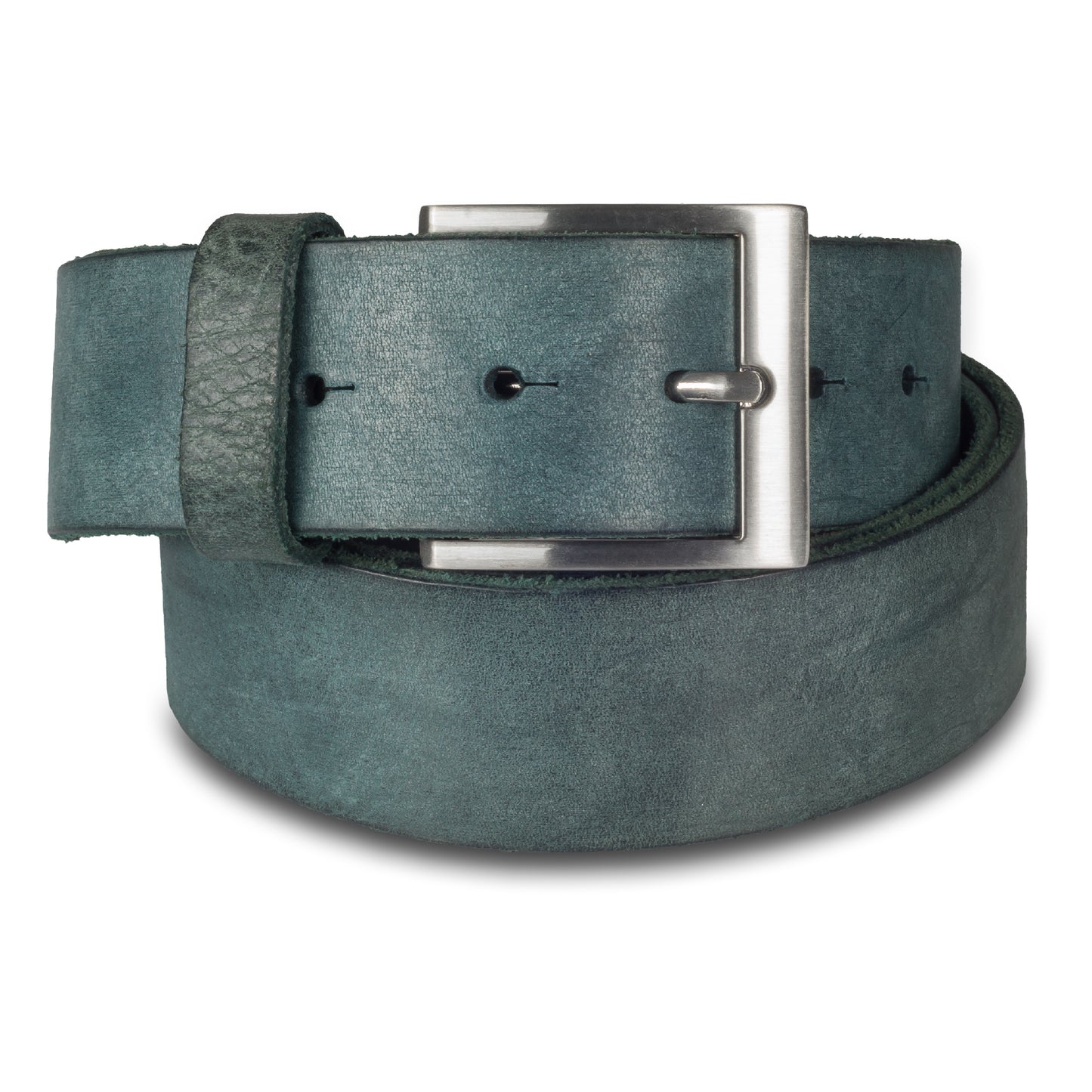 Jeans-Gürtel aus Vollrind-Leder in türkis/blau. 3,8 cm breit. Dornschließe in silber mattiert.