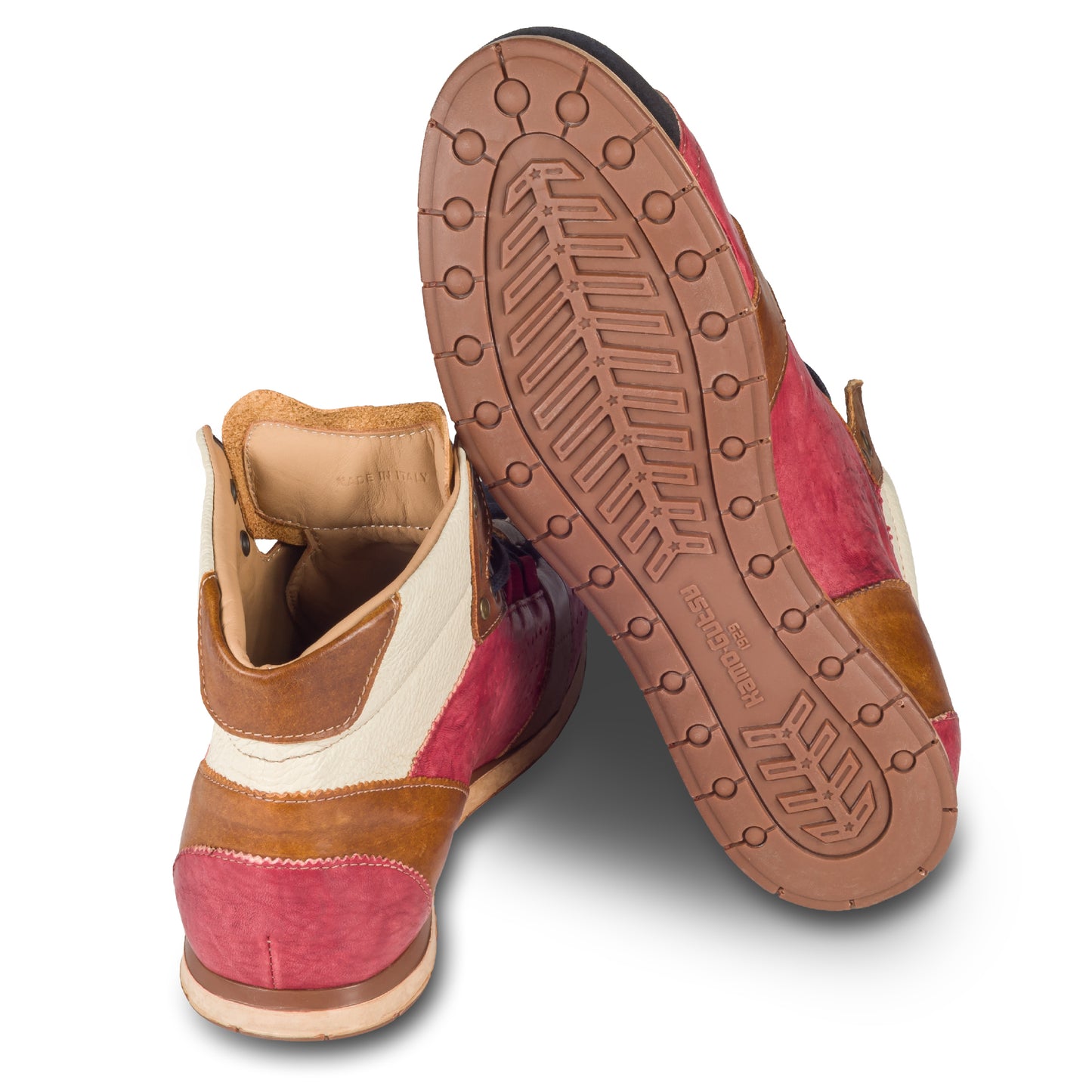 Kamo-Gutsu Sneaker-Stiefel Herren in rot mit blau und braun (TIFO-105 blu rubino). Aus Kalbsleder stonewashed. Handgefertigt Made in Italy. Ansicht Ferse und Sohle