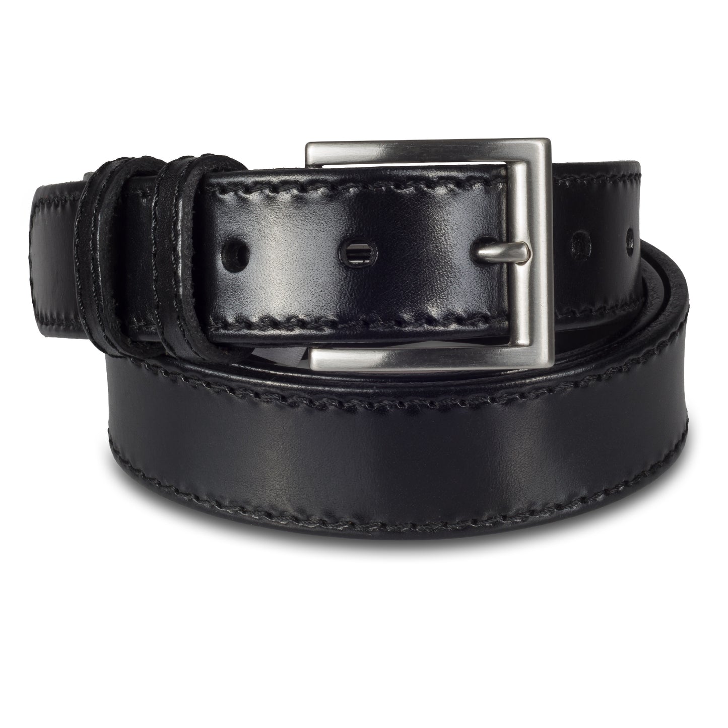 Herren Anzuggürtel schwarz aus Vollrindleder. 3,3 cm breit mit mattierter nickelfreien Dornschließe. Länge kürzbar