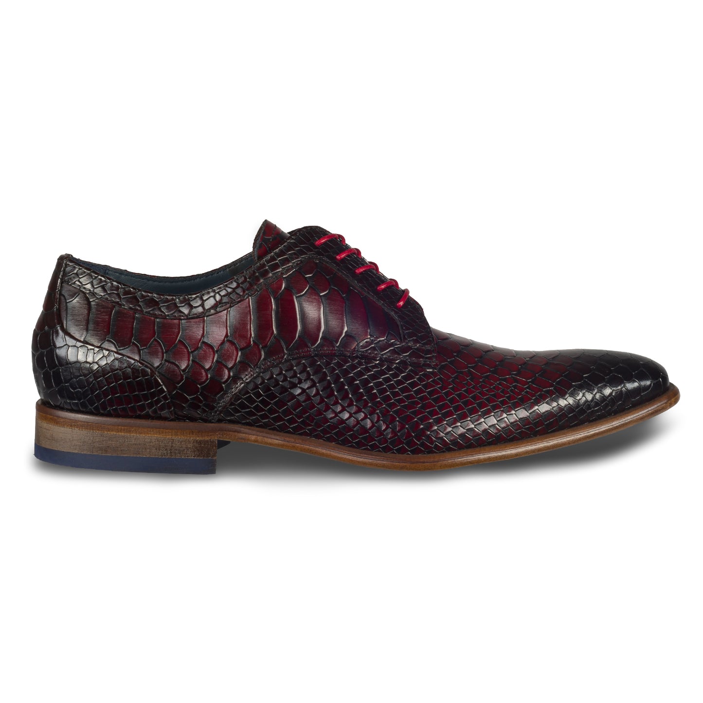 Lorenzi Extravaganter Herren Derby Schnürschuh aus rot/schwarzem Kalbsleder in Kroko-Optik. Handgefertigt und Durchgenäht. Ansicht der Außenseite rechter Schuh.