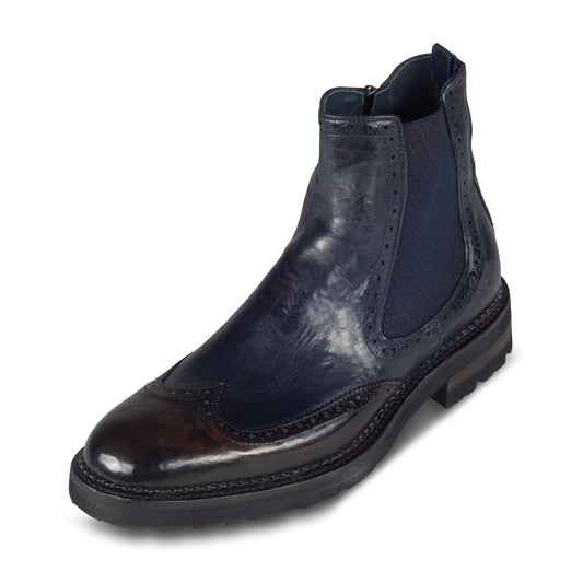 LORENZI Chelsea-Stiefelette Herren mit Reißverschluß, dunkelblau/dunkelbraun aus Kalbsleder im stonewashed-Verfahren bearbeitet. Schräge Ansicht linker Schuh