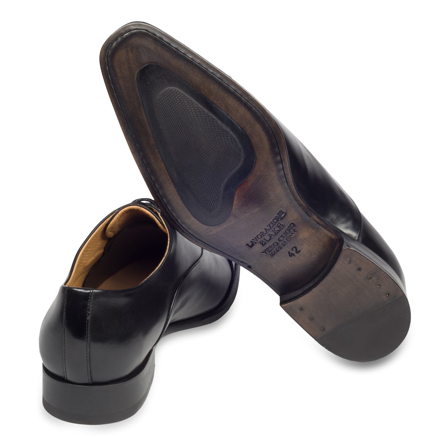 BRECOS Anzugschuhe | Captoe Oxford schwarz, Kalbsleder. Ansicht Ferse und Sohle
