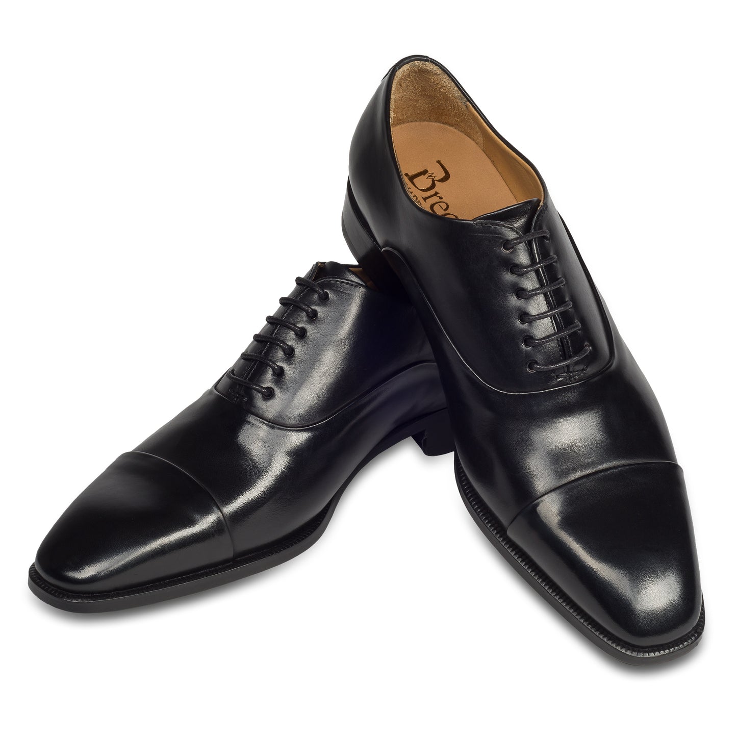 BRECOS Anzugschuhe | Captoe Oxford schwarz, Kalbsleder. Ansicht paarweise überkreuzt