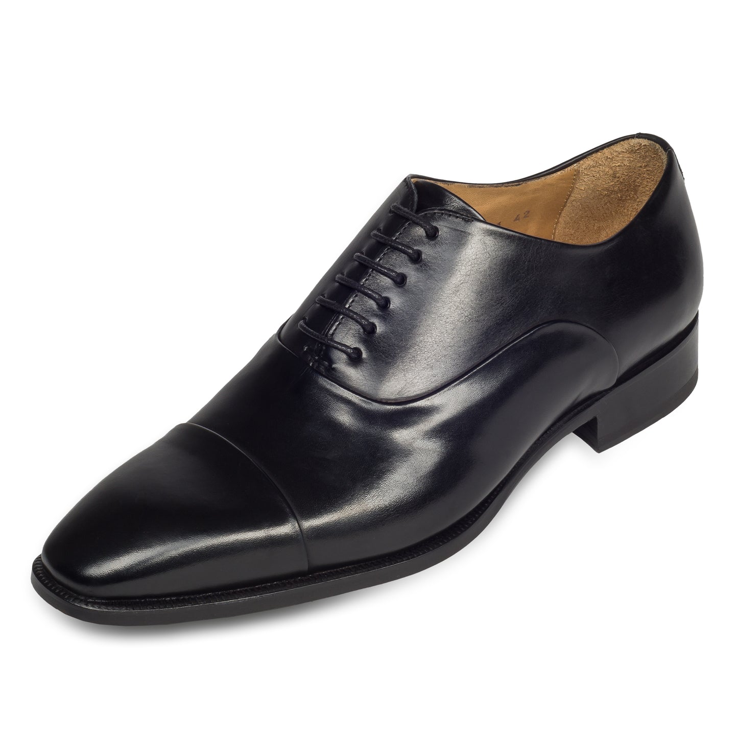 BRECOS Anzugschuhe | Captoe Oxford schwarz, Kalbsleder. Ansicht linker Schuh schräg