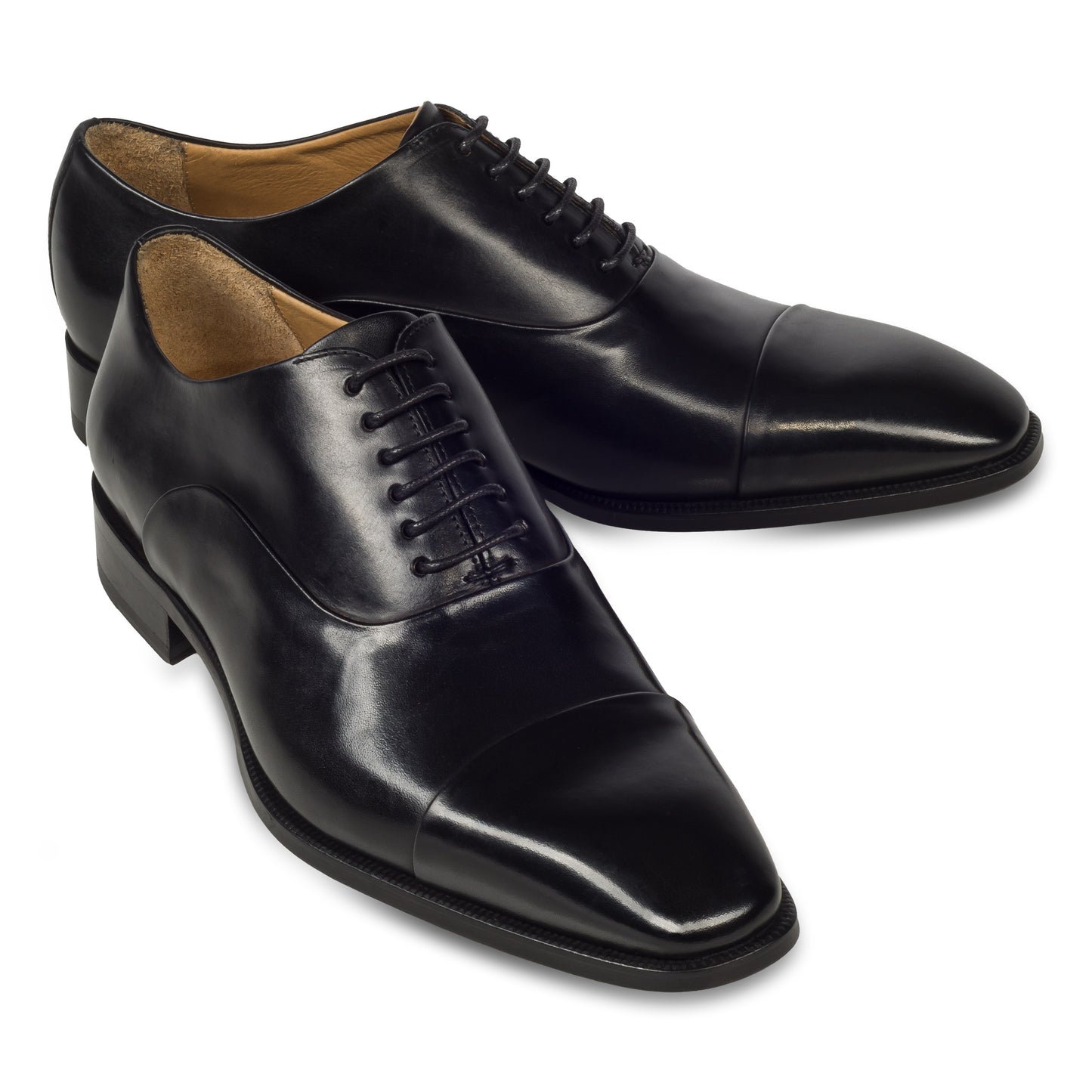 BRECOS Anzugschuhe | Captoe Oxford schwarz, Kalbsleder. Ansicht paarweise schräg