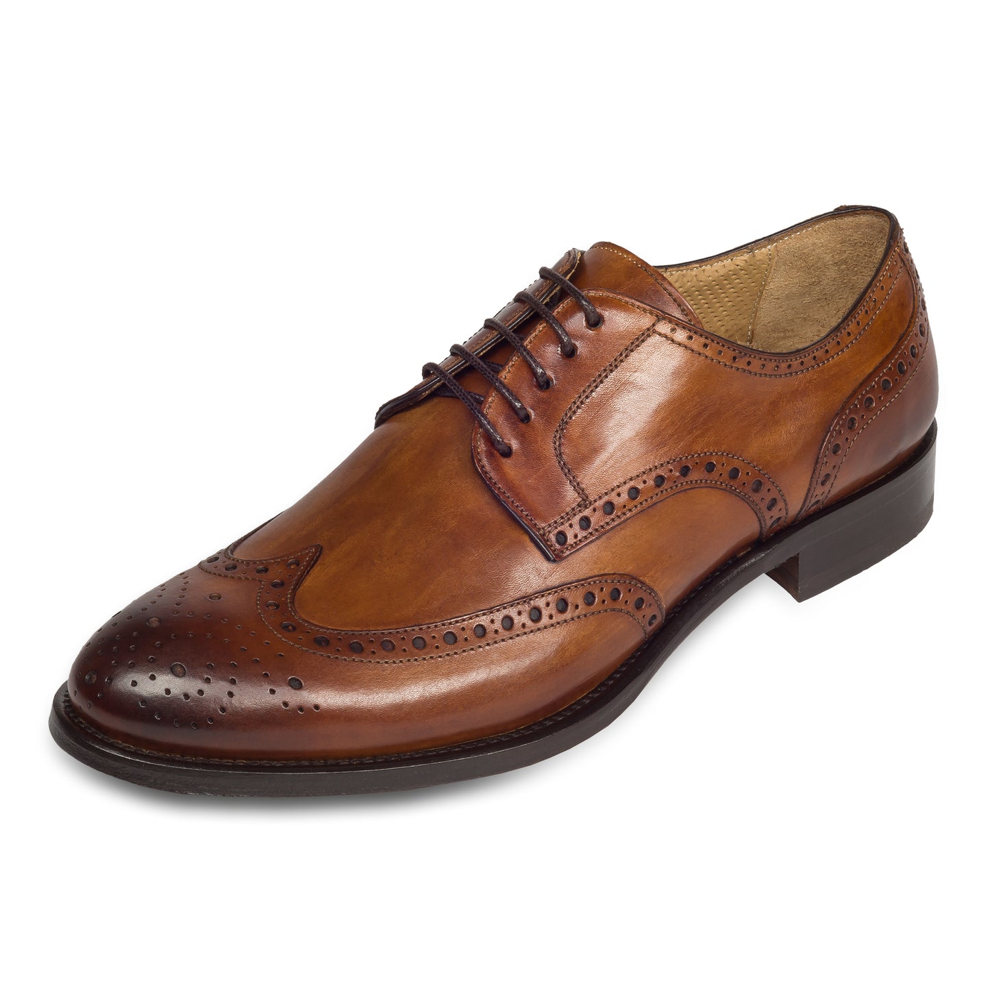 BRECOS Anzugschuhe | Full-Brogue Derby Budapester-Stil cognac braun, Kalbsleder. Ansicht schräg linker Schuh