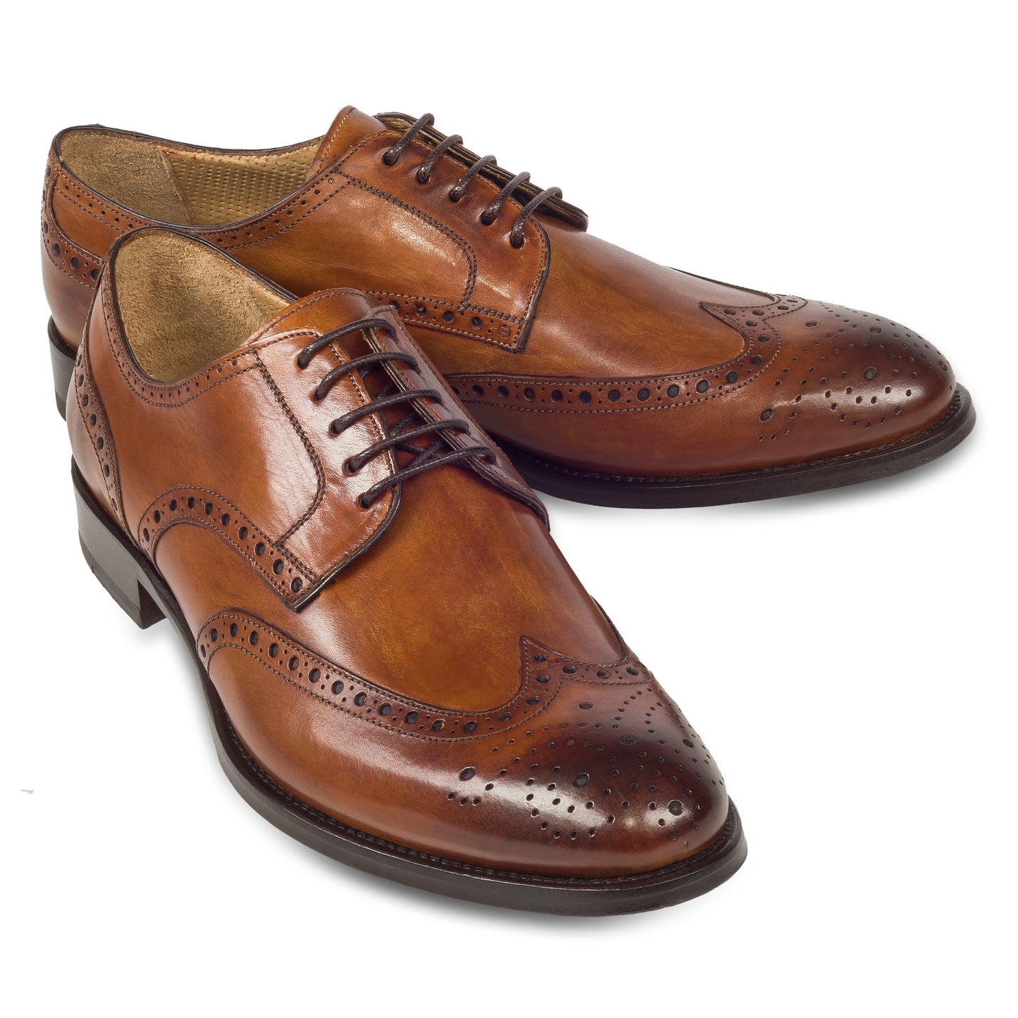 BRECOS Anzugschuhe | Full-Brogue Derby Budapester-Stil cognac braun, Kalbsleder. Ansicht paarweise