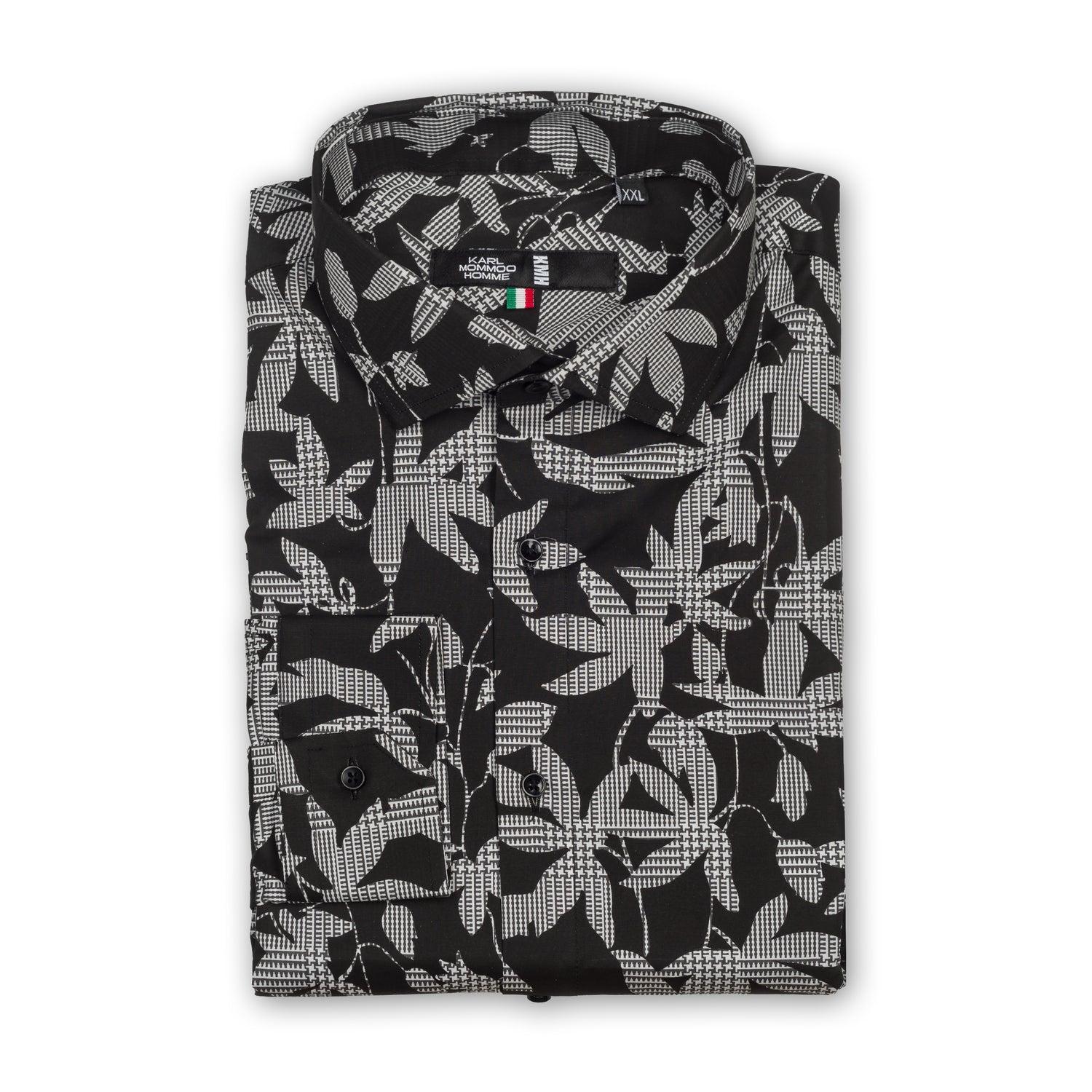 Karl Mommoo - Italienisches Herren-Hemd, schwarz/grau gemustert, Baumwolle mit Elasthan, Modern Fit. 