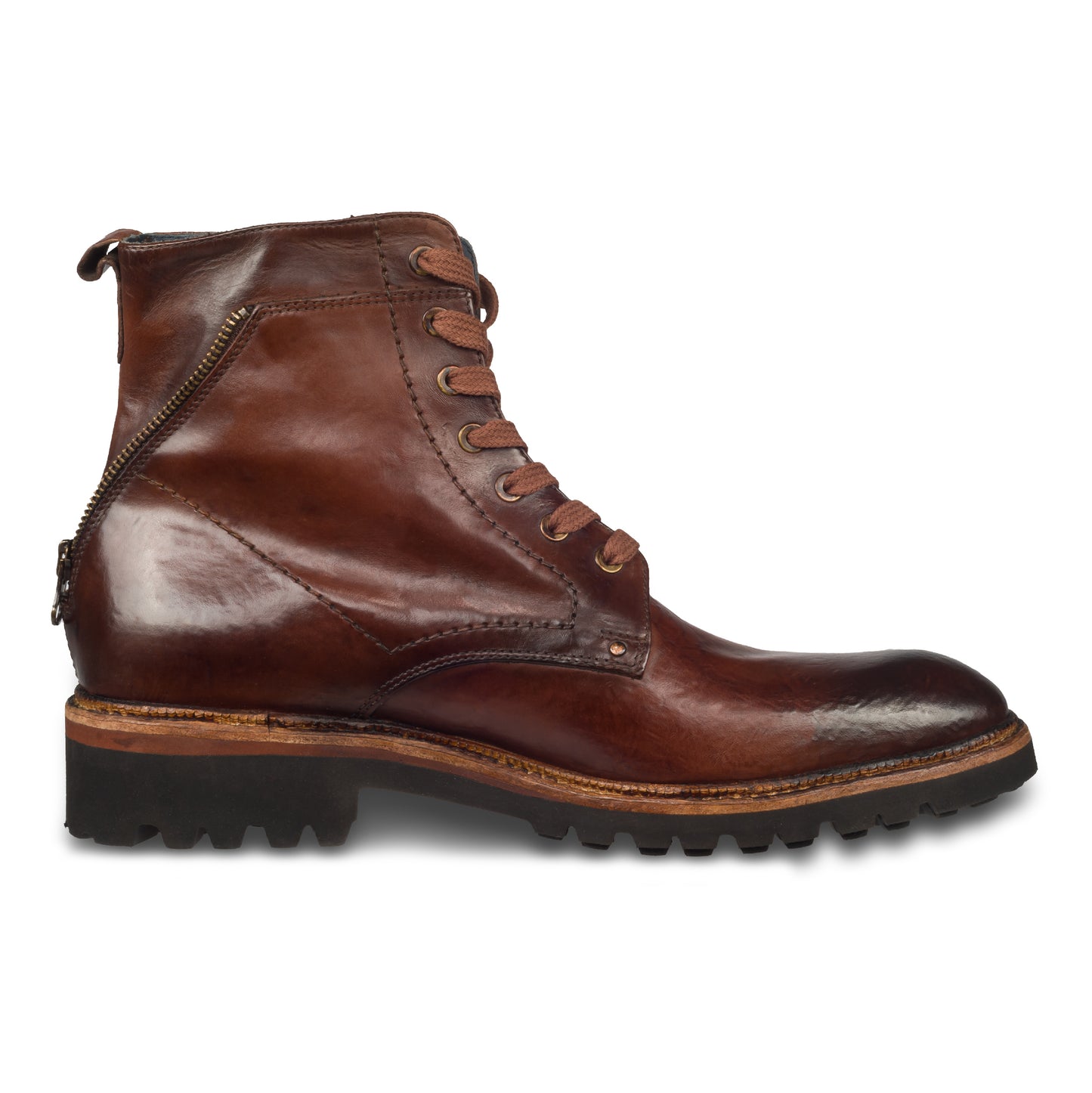 Lorenzi Herren Schnürstiefelette, Boots, in braun mit Zier-Reißverschluß an der Rückseite. Durchgenäht. Bei Sisento. Seitliche Ansicht Innenseite linker Schuh