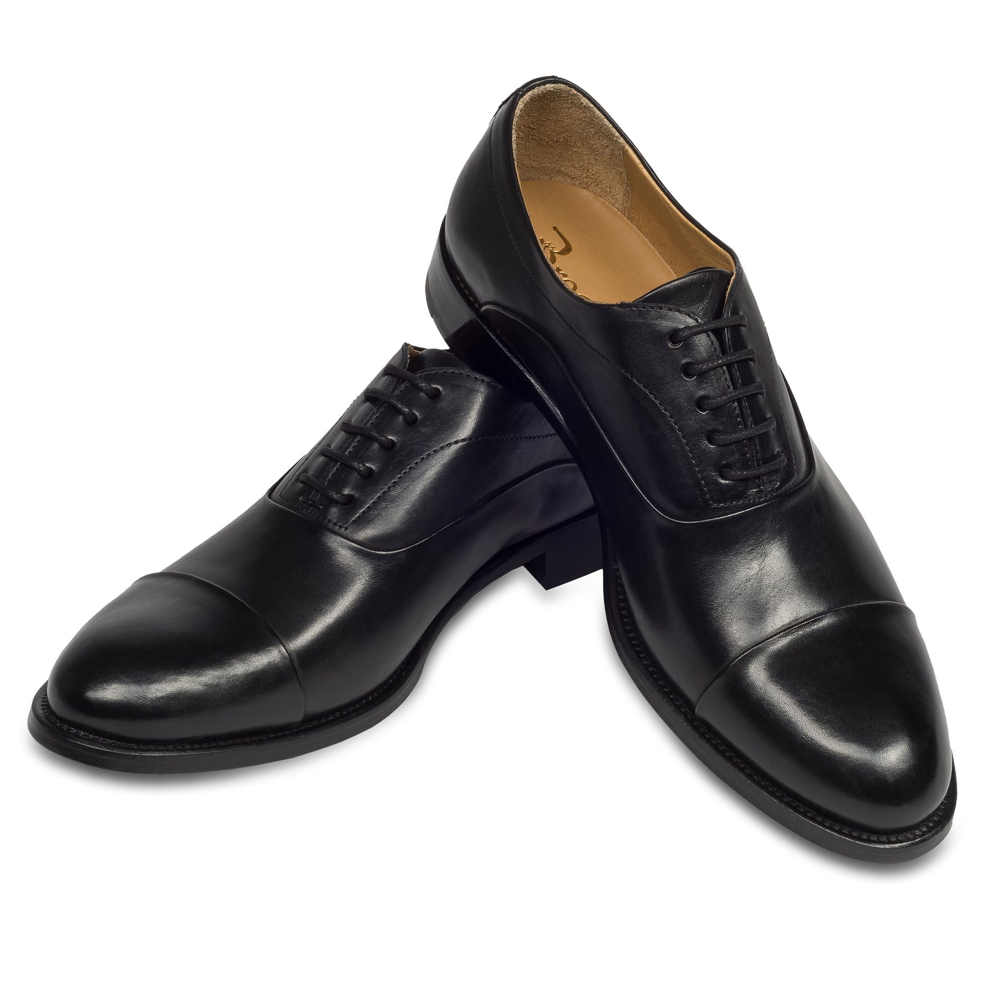 BRECOS Anzugschuhe Herren, Oxford Captoe Schnürer schwarz - Kalbsleder, durchgenäht. Ansicht überkreuzt paarweise