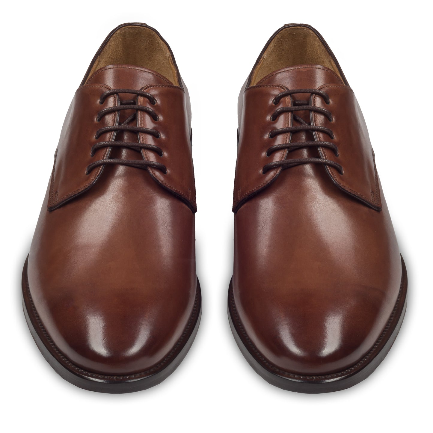 BRECOS – Italienische Herren Anzugschuhe, Plain Derby Schnürer in mittelbraun. Handgefertigt und durchgenäht. Paarweise Ansicht von vorne.