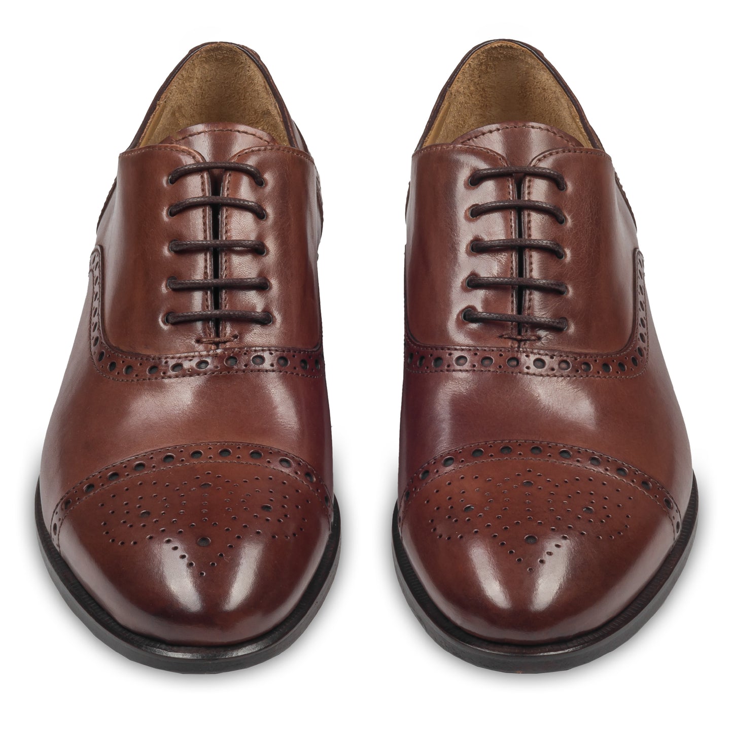 BRECOS Anzugschuhe Half-Brogue Oxford in mittelbraun / dunkelbraun, Durchgenäht. Paarweise Ansicht von vorne. Bei Sisento.