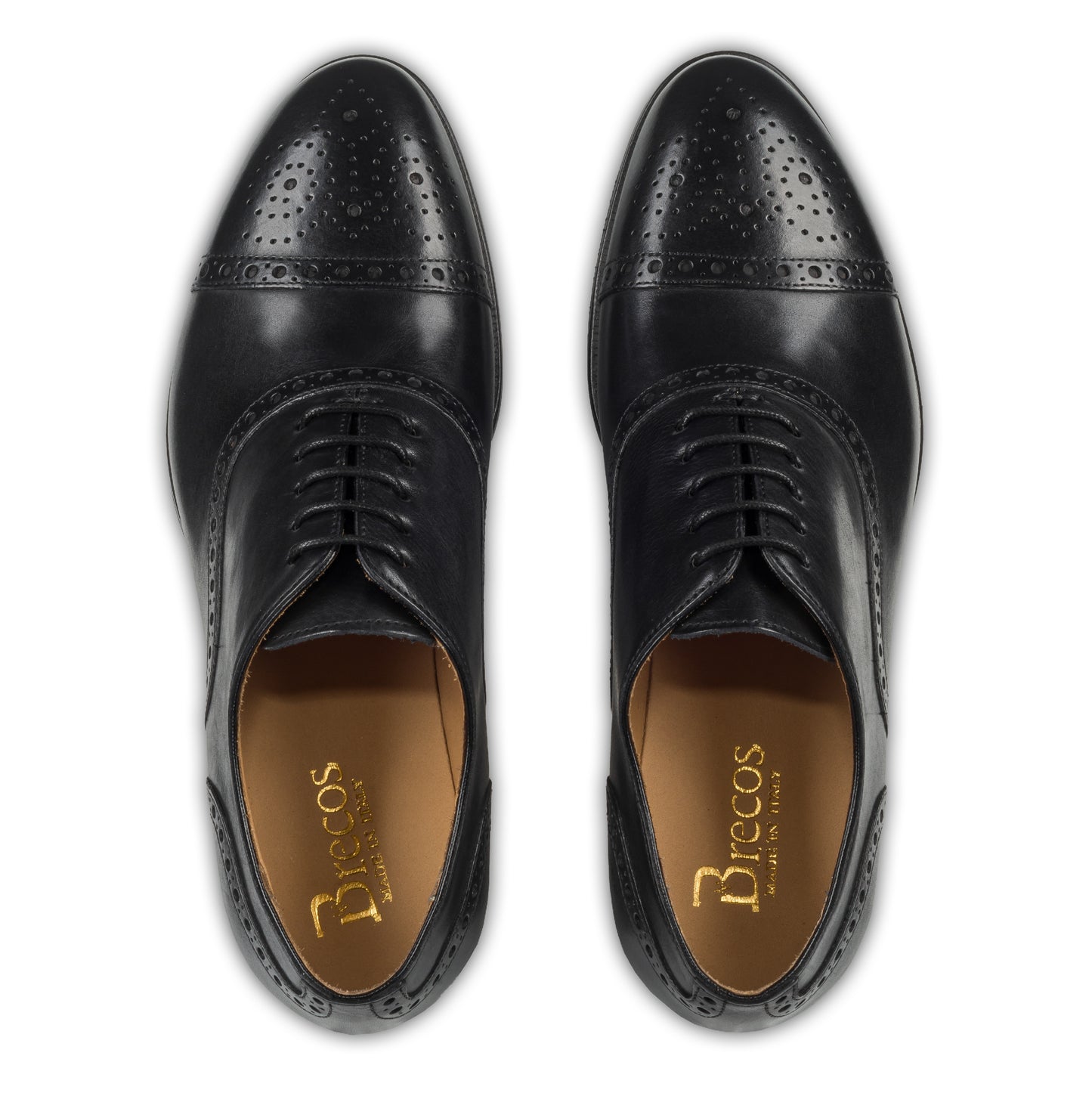 BRECOS Anzugschuhe Half-Brogue Oxford in schwarz, Durchgenäht. Ansicht der Ferse und Sohlenunterseite. Bei Sisento.