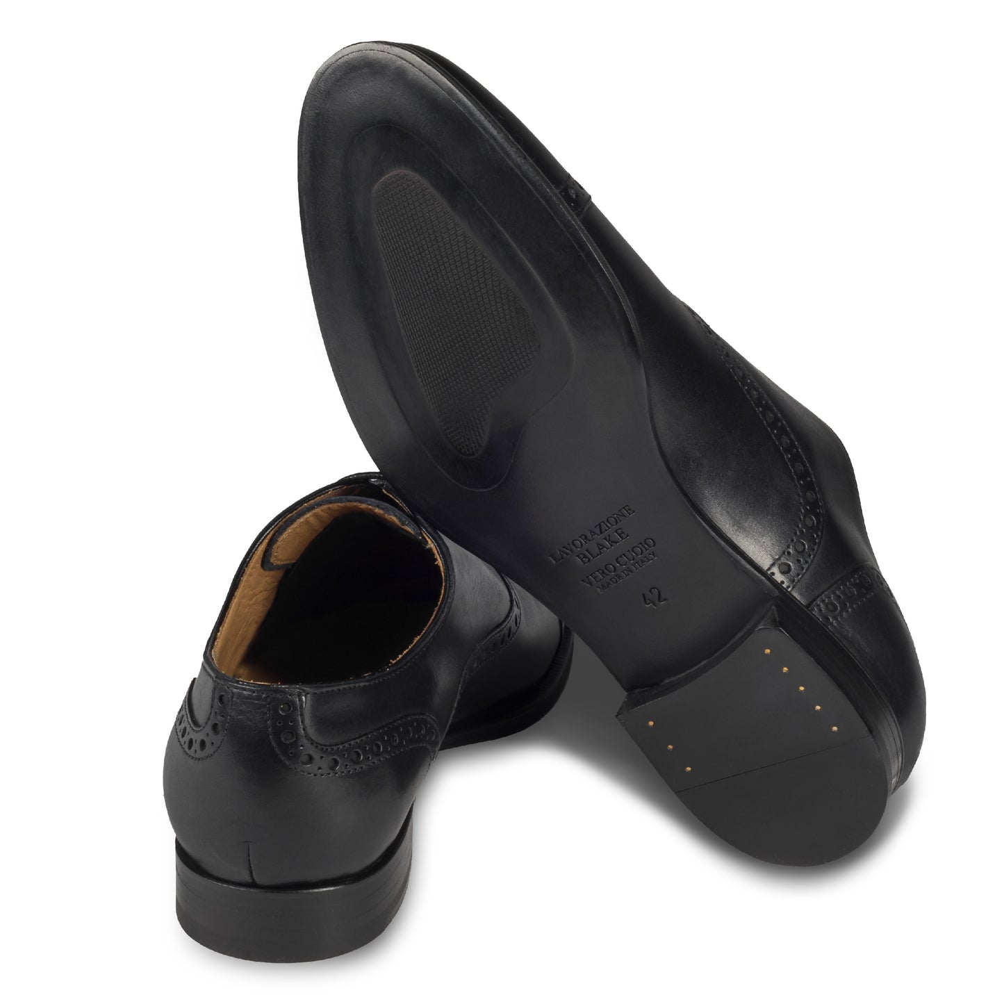 BRECOS Anzugschuhe Half-Brogue Oxford in schwarz, Durchgenäht. Paarweise Ansicht Ferse und Sohle.