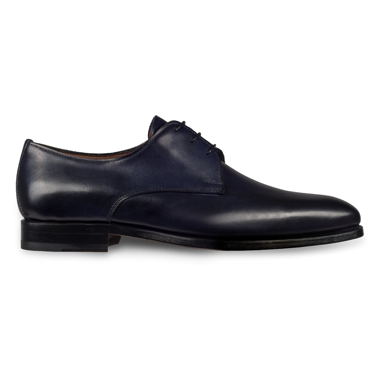 Anzugschuhe von Flecs, Plain Derby Schnürer in dunkelblau, durchgenäht. Seitliche Ansicht der Außenseite rechter Schuh. Bei Sisento.